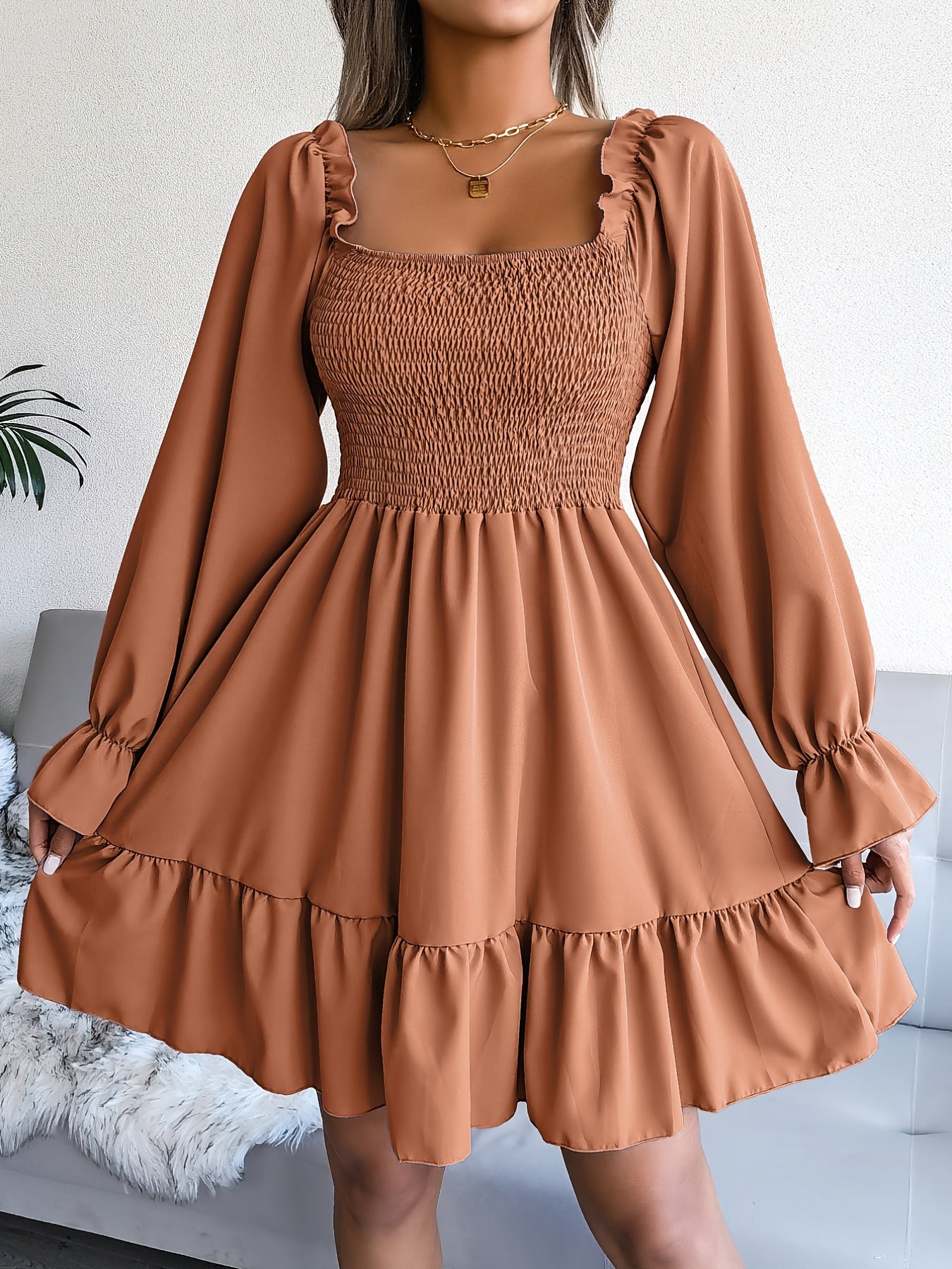 Flirty Squared Neck Ruffle Hem Dress - Feminine Shirred Detail, Timeless Solid Color, Perfect for Spring & Fall Wardrobe