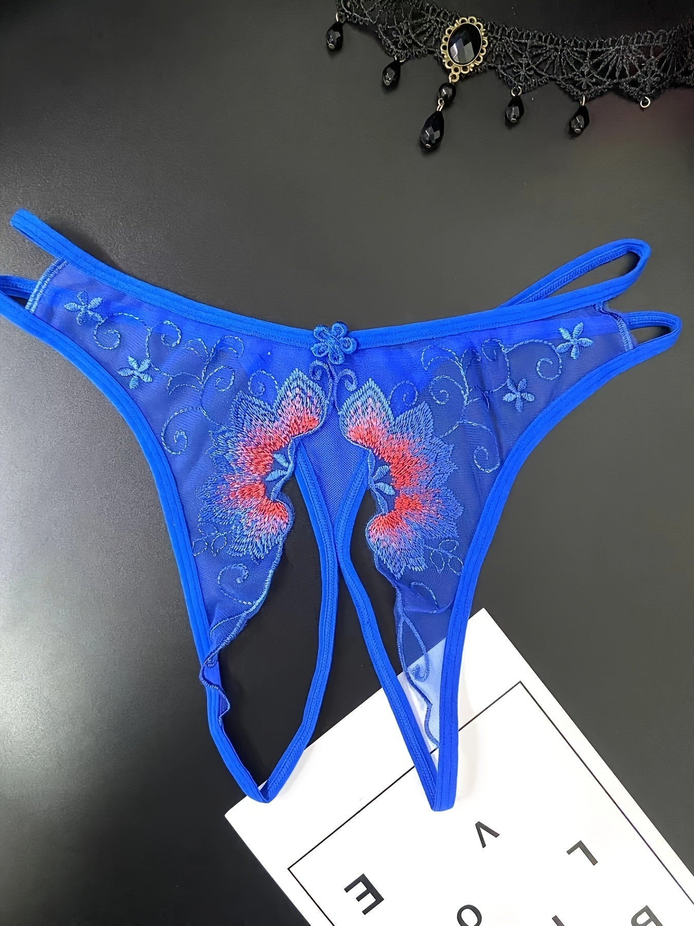 Delicate Floral Embroidered Mesh Thong Lingerie - Seductive Open Crotch & Ultra-Sheer Design - Breathable Womens Intimate Wear for Special Occasions