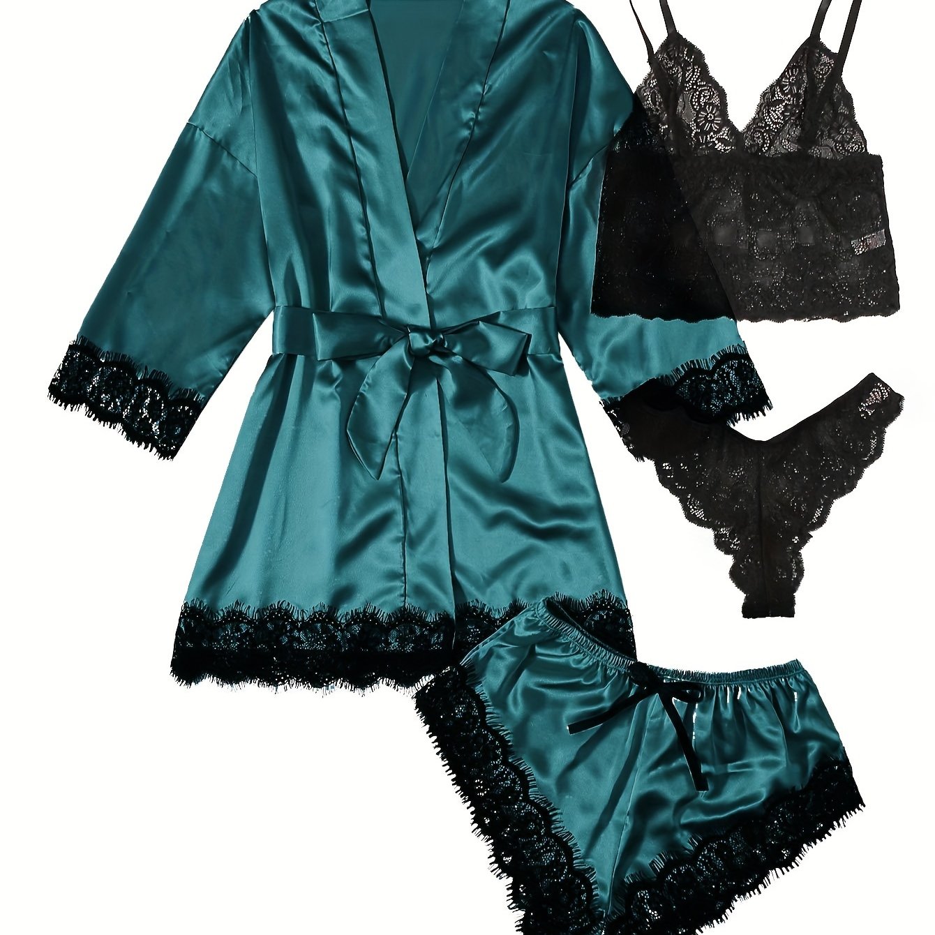 Women' Silk Satin Pajamas Set 4pcs Lingerie Floral Lace Cami Sleepwear with Robe