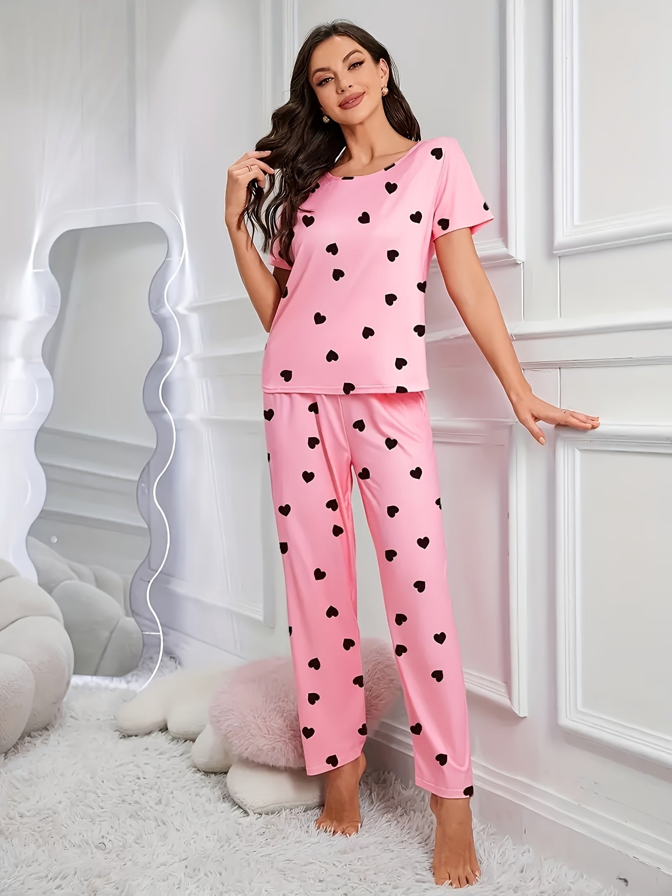 2pcs Sets Women's Heart Print Pajamas Set, Casual Comfortable Short Sleeve T-Shirt & Elastic Waist Trousers Pj Set, Ladies Sleepwear for All Seasons