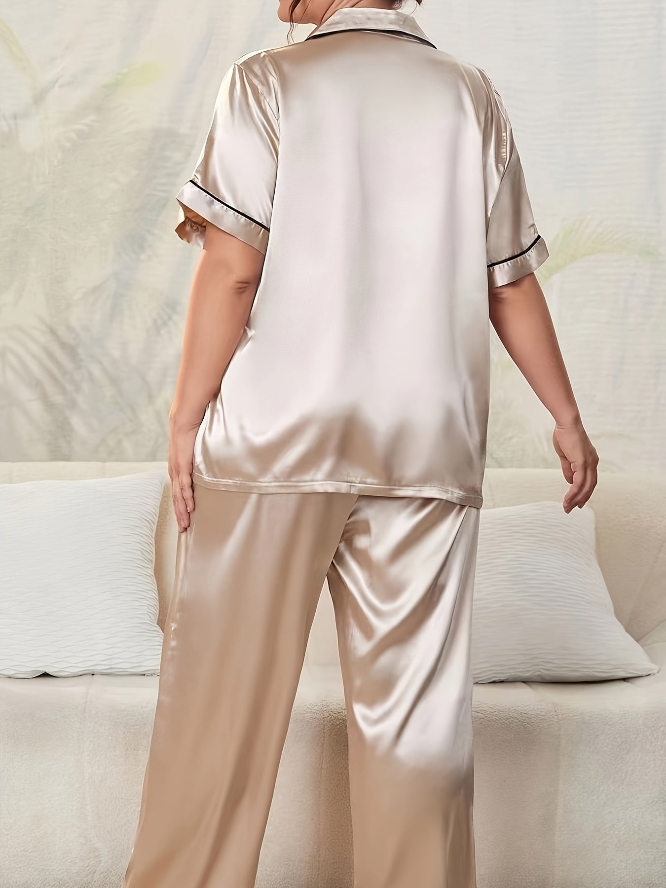 Women's Elegant Pajamas Set, Plus Size Contrast Binding Short Sleeve Button Up Satin Blouse & Pants Lounge 2 Piece Set