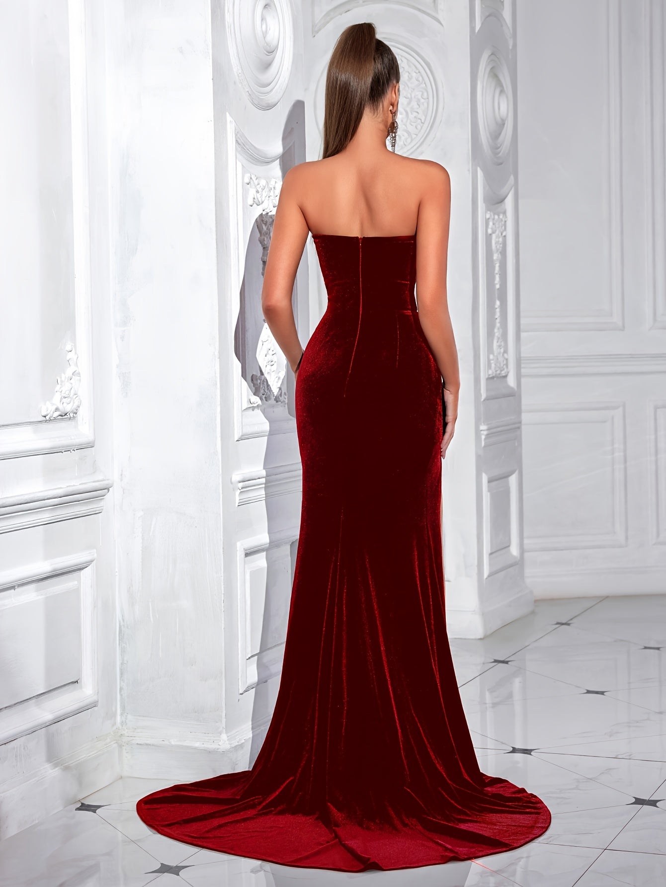 [One U-shaped Tube Top Dress] U-shaped Tube Top High Waist Front Split Backless Dance Party Dress Women's Formal Evening Gown Skirt with Random Pattern Placement