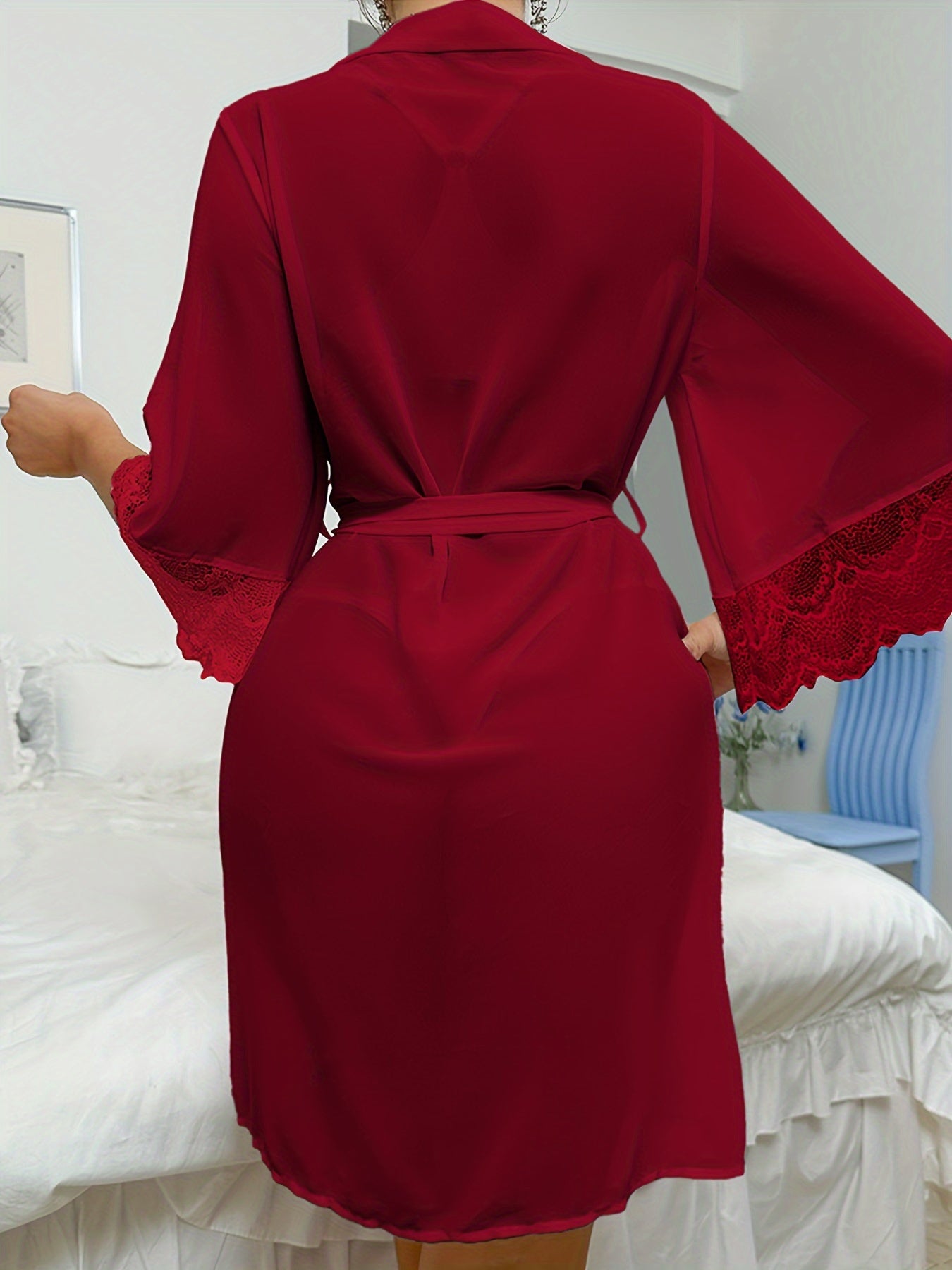 New Europe And The United States Hot Pajamas Chiffon Lace Patchwork Perspective Robe Temptation Ladies Cardigan Robe, Black, White, Red Three Colors Optional, W Robe + Belt, Suitable For Your Cardigan Gauze Robe,