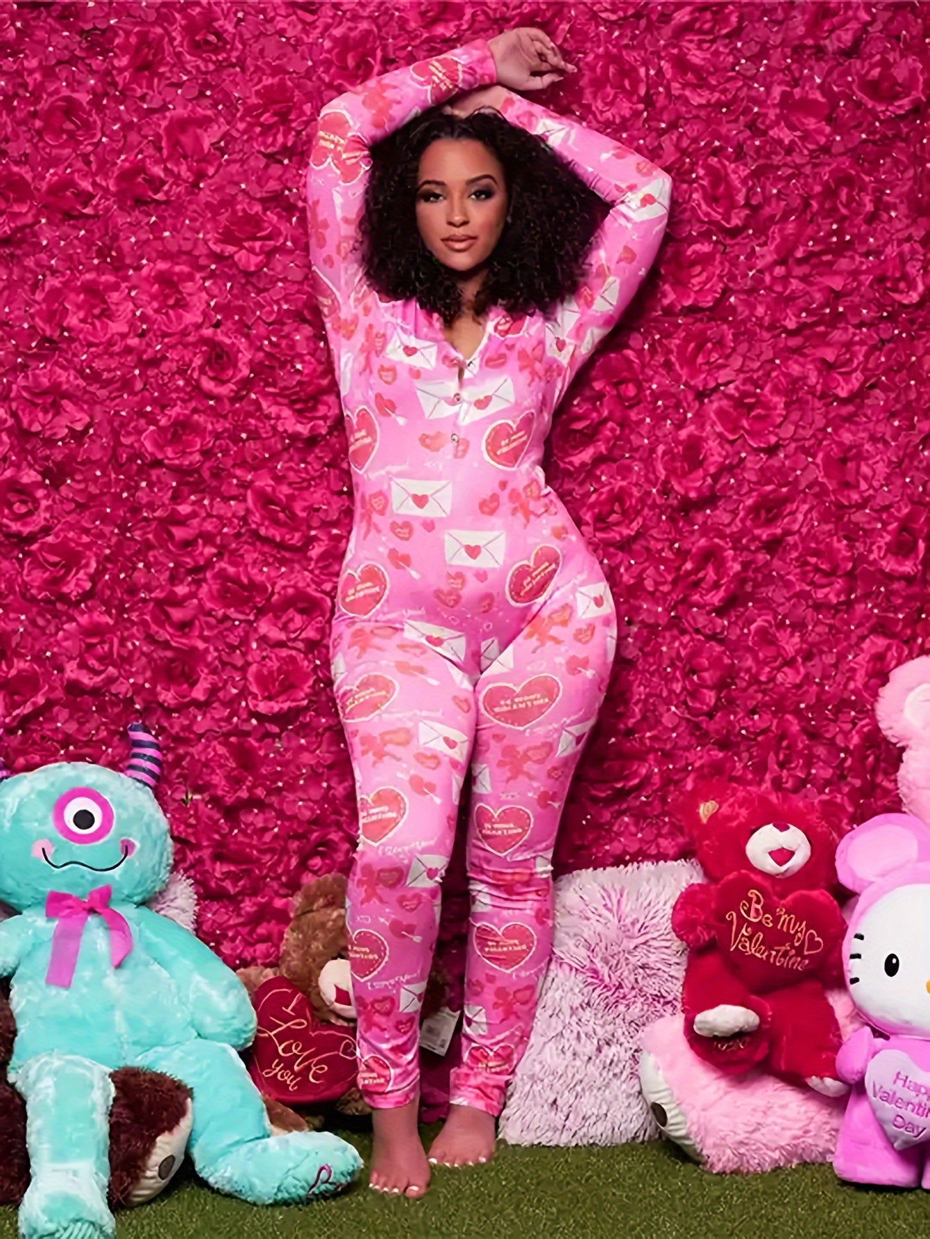 Valentine's Day Heart & Envelope & Slogan Print Jumpsuit, Long Sleeve Button Up V Neck Tapered Leg Pajamas, Women's Sleepwear & Loungewear