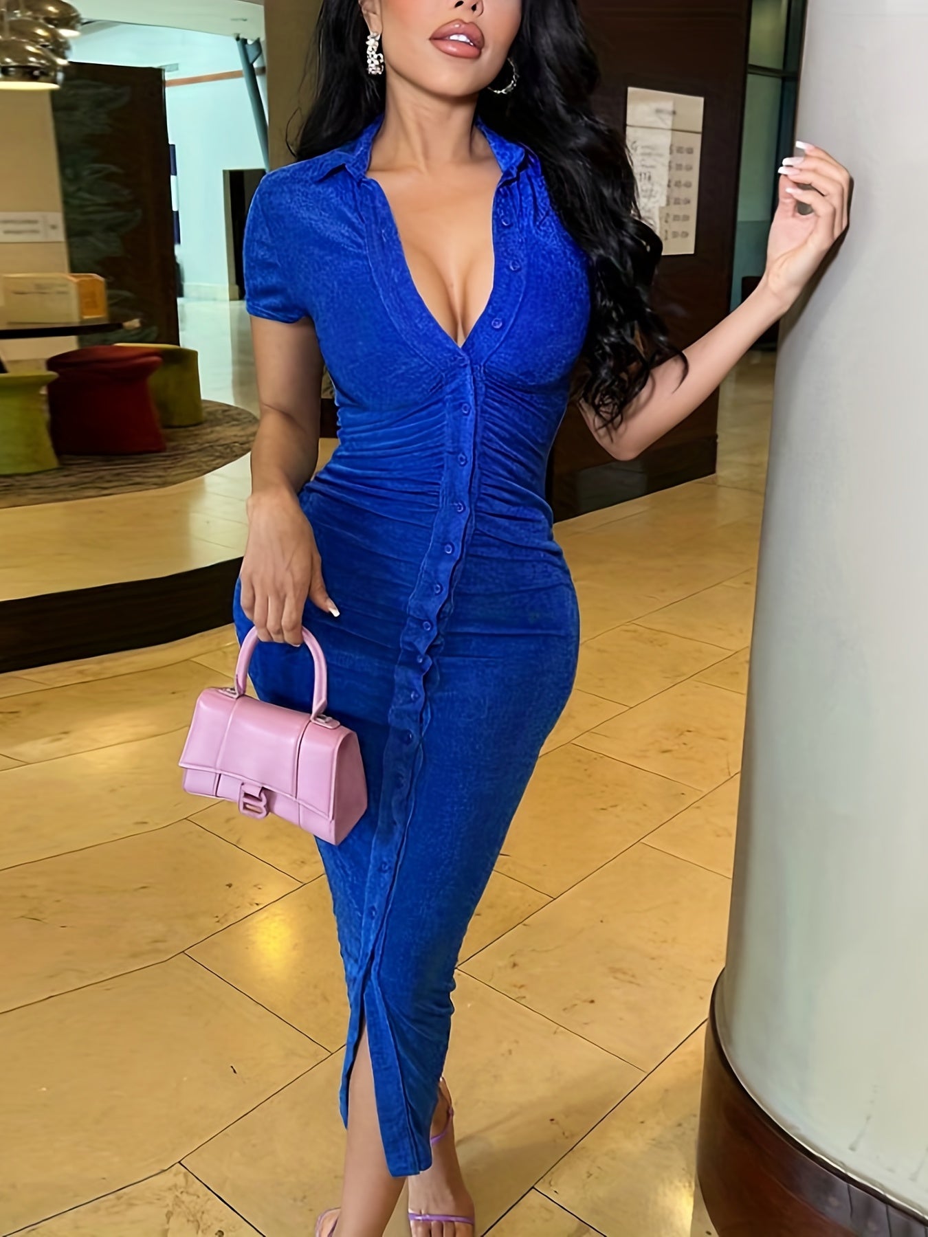 Women'S Elegant Solid Color Bodycon Dress, Polyester 95% Spandex 5% Knit Fabric, Short Sleeve Pencil Dress with Lapel Collar, Summer Vacation Style, No Belt, Long Length - 200g/m²