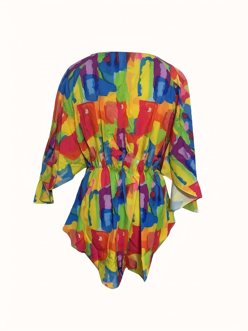 Fashionable V Neck Batwing Dress - Vibrant Full Printed Design with Flattering Tie Waist - Perfect Casual Wear for Women