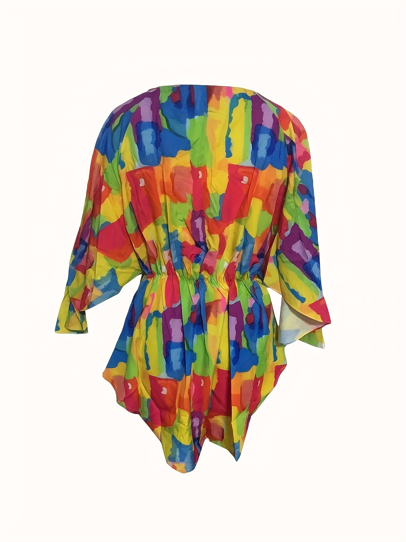 Fashionable V Neck Batwing Dress - Vibrant Full Printed Design with Flattering Tie Waist - Perfect Casual Wear for Women
