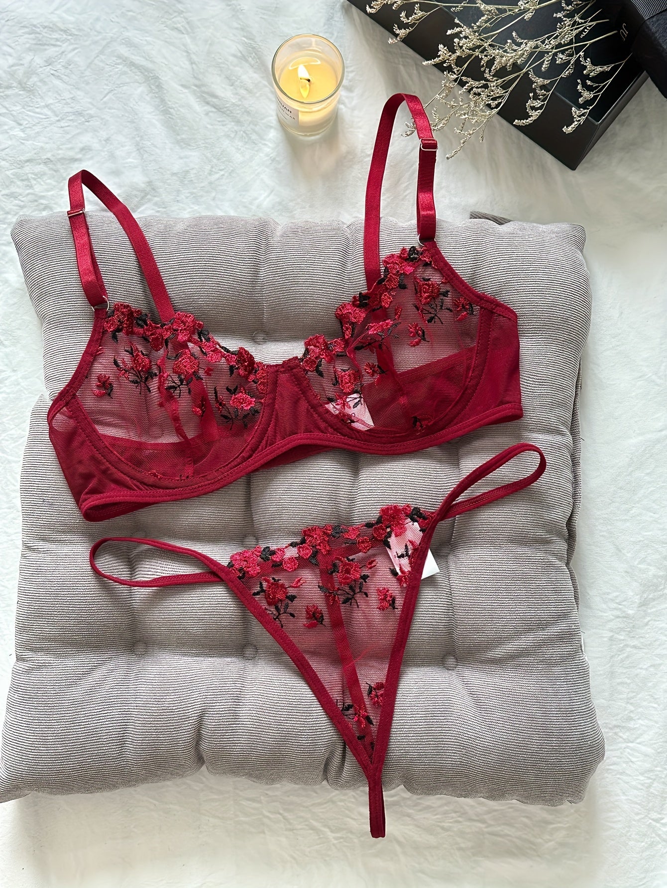 Romantic Floral Embroidered Lingerie Set - Lightweight Sheer Bra & Seductive Mesh Thong - Unlined, Feminine & Sexy Underwear for Women