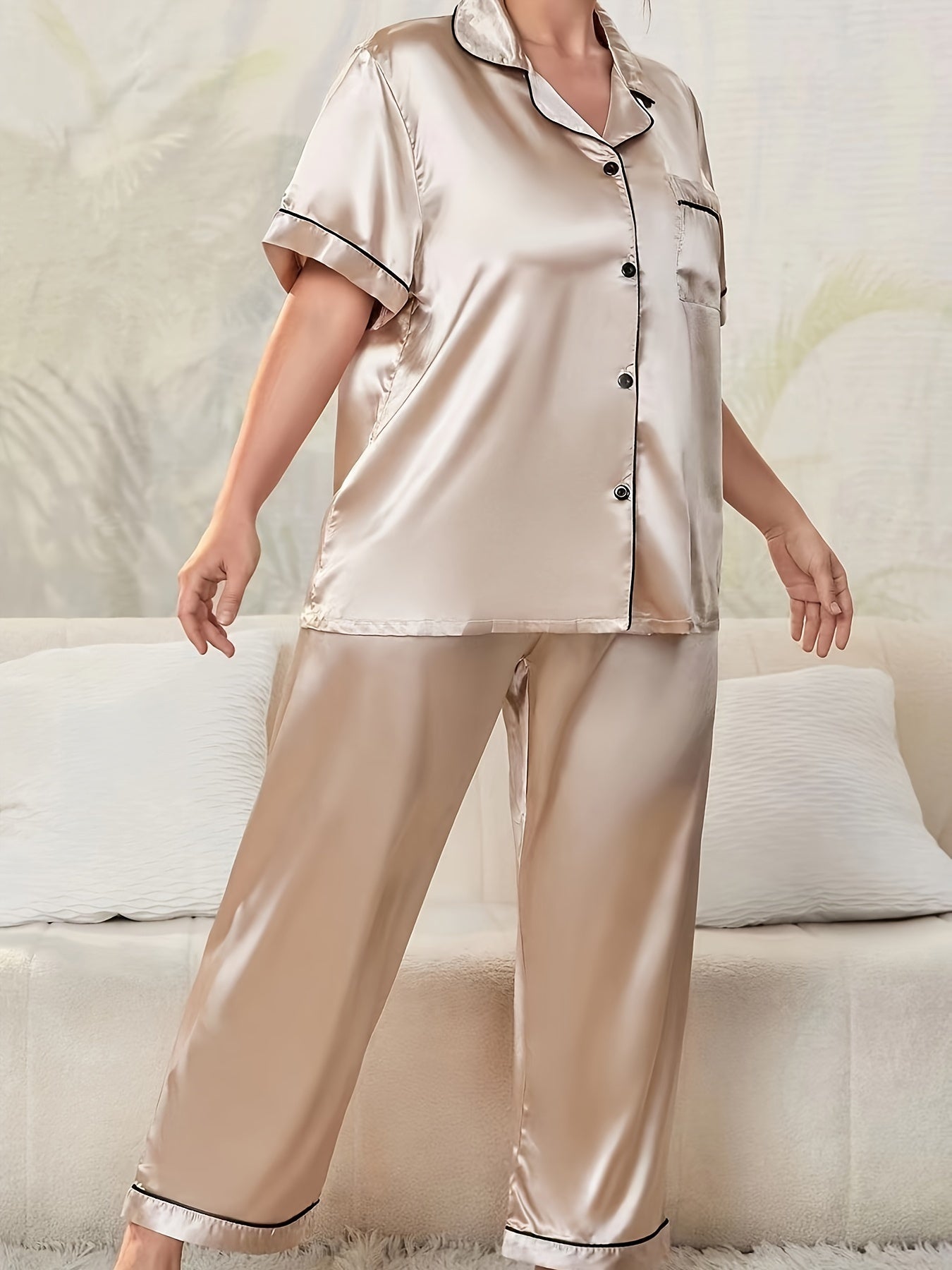 Women's Elegant Pajamas Set, Plus Size Contrast Binding Short Sleeve Button Up Satin Blouse & Pants Lounge 2 Piece Set