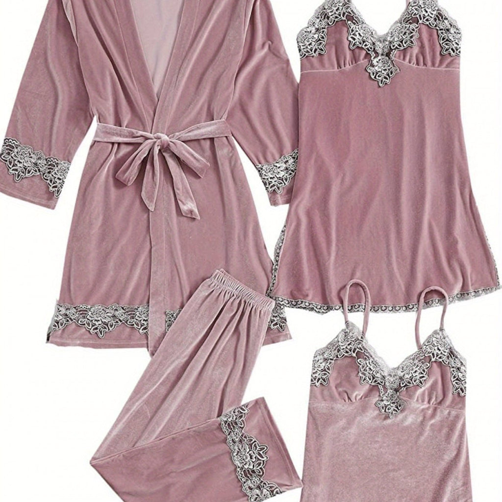 Women's Lace Pajamas Set Long Sleeve Four Piece Suspender Set Home Clothes Set 4 Piece Floral Lace Trimmed Velvet Camisole Pajama Set