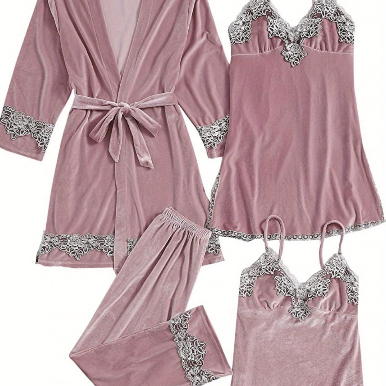 Women's Lace Pajamas Set Long Sleeve Four Piece Suspender Set Home Clothes Set 4 Piece Floral Lace Trimmed Velvet Camisole Pajama Set