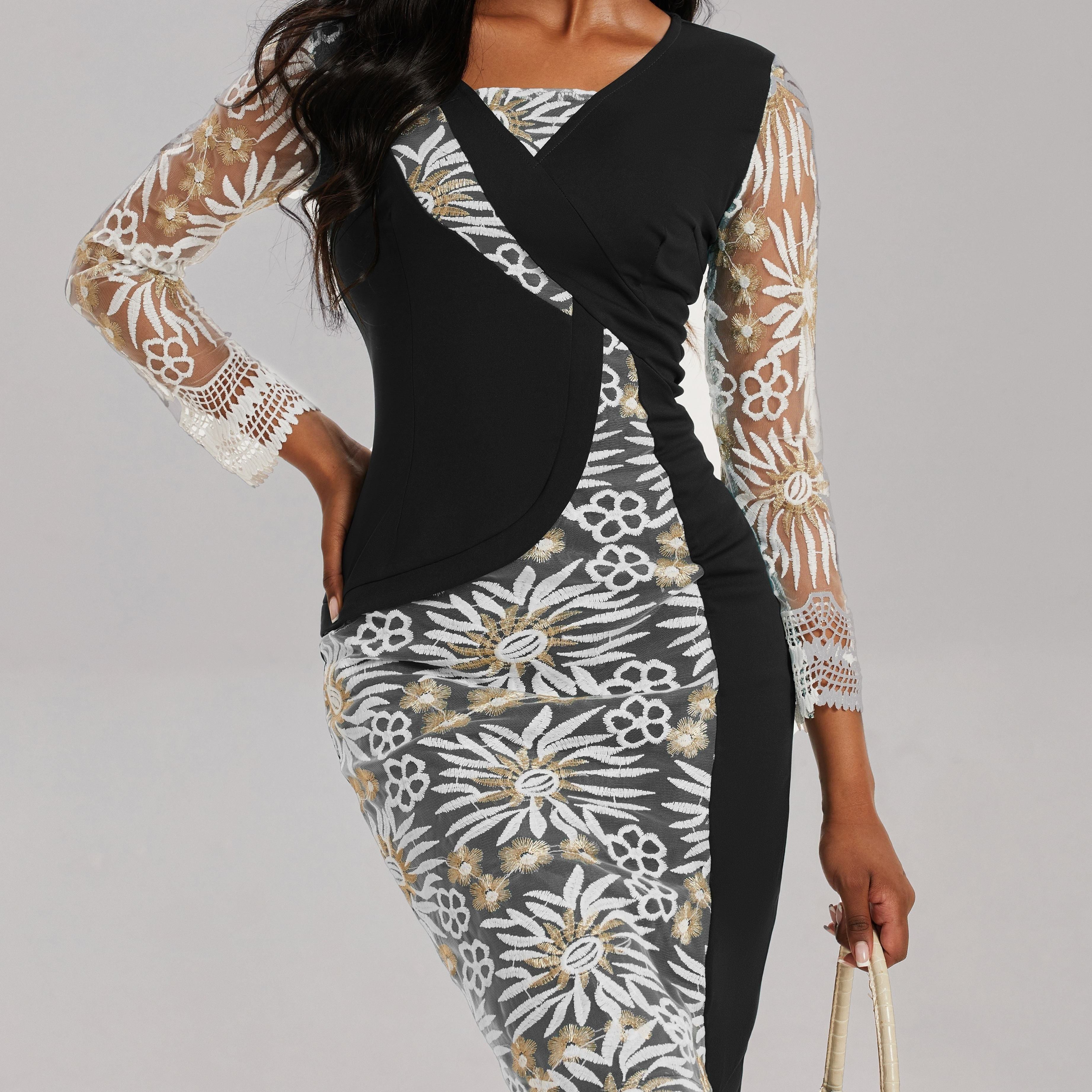 3/4 Sleeve V Neck Dress, Elegant Bodycon Slim Waist Midi Dress, Women's Clothing