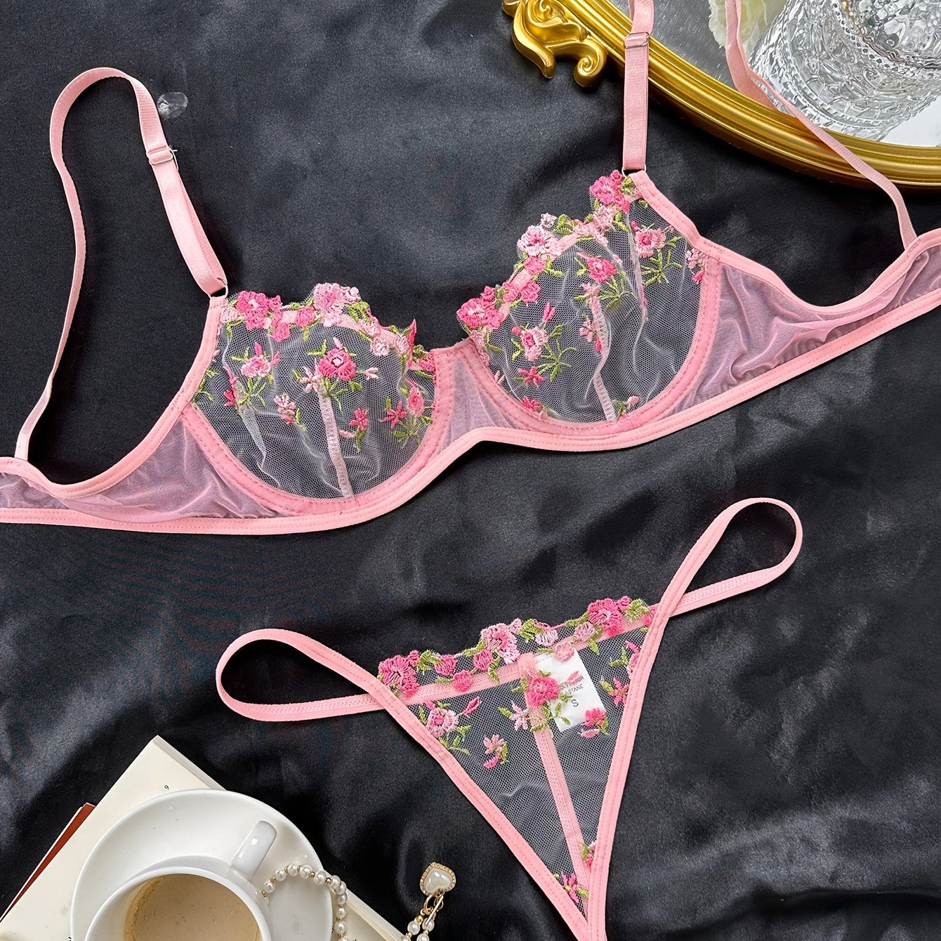 Romantic Floral Embroidered Lingerie Set - Lightweight Sheer Bra & Seductive Mesh Thong - Unlined, Feminine & Sexy Underwear for Women