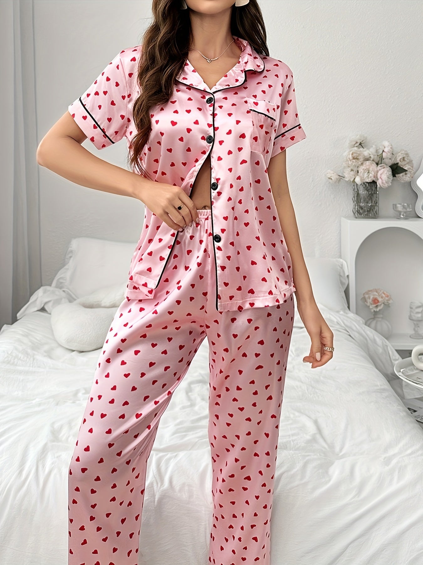 [Sweet Love Pajamas] New Sweet Spring Love Print Short-Sleeved Pajamas And Summer Home Clothing Set Cardigan Pants