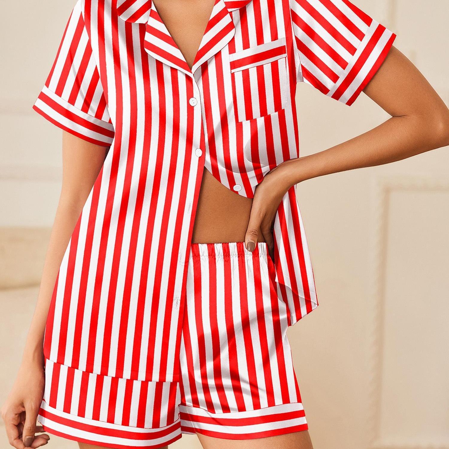 Womens Satin Pajamas Sets 2pcs Short Sleeve Sleepwear Button Down Top and Shorts Pjs Lounge Wear Sets cute matching sets for women casual daily wear slumber party