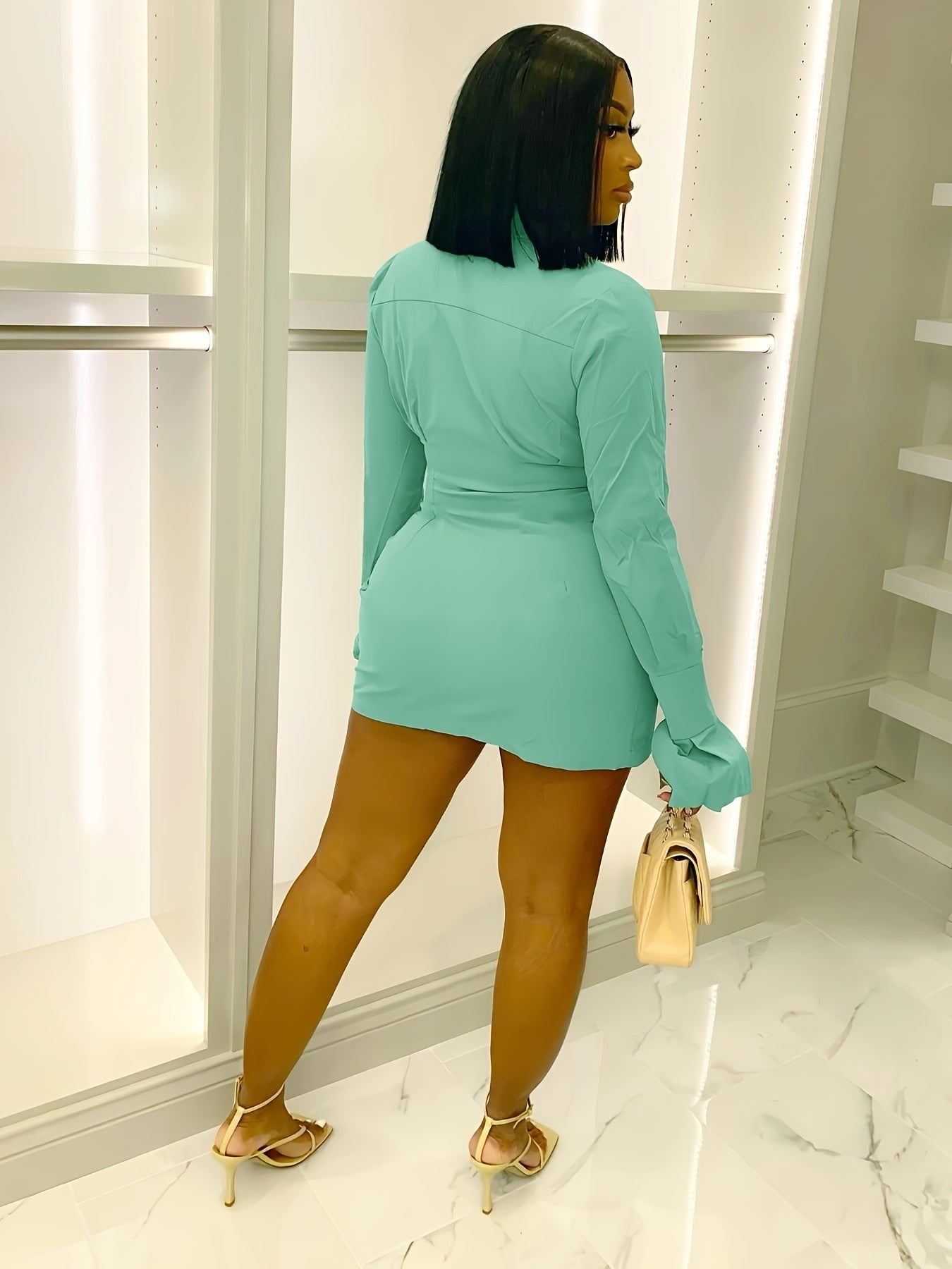 Womens Chic Long Sleeve Button-Up Mini Dress - Flattering Fit & Versatile Design - Trendy Casual Shirt Dress for All-Season Style