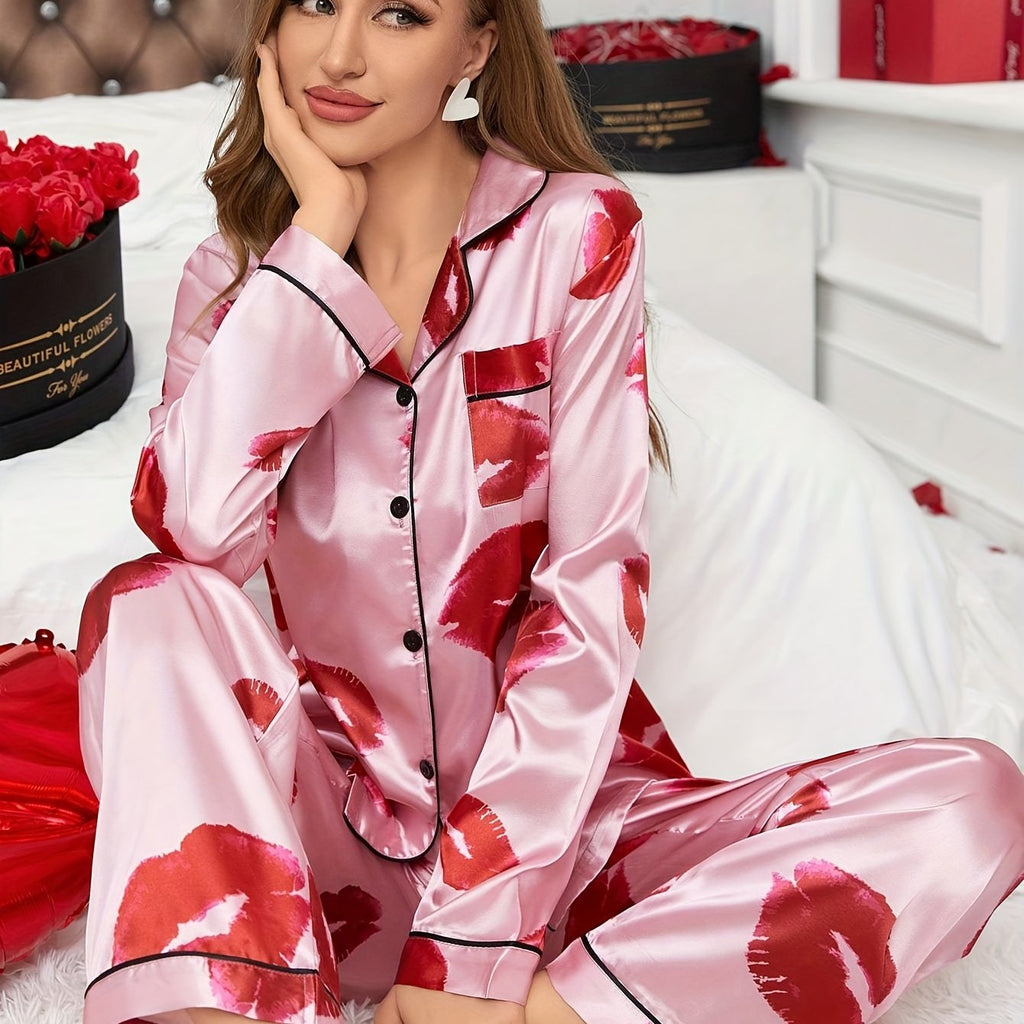 Lipprint printed women's satin pajamas, long sleeved pants, sexy home clothing set