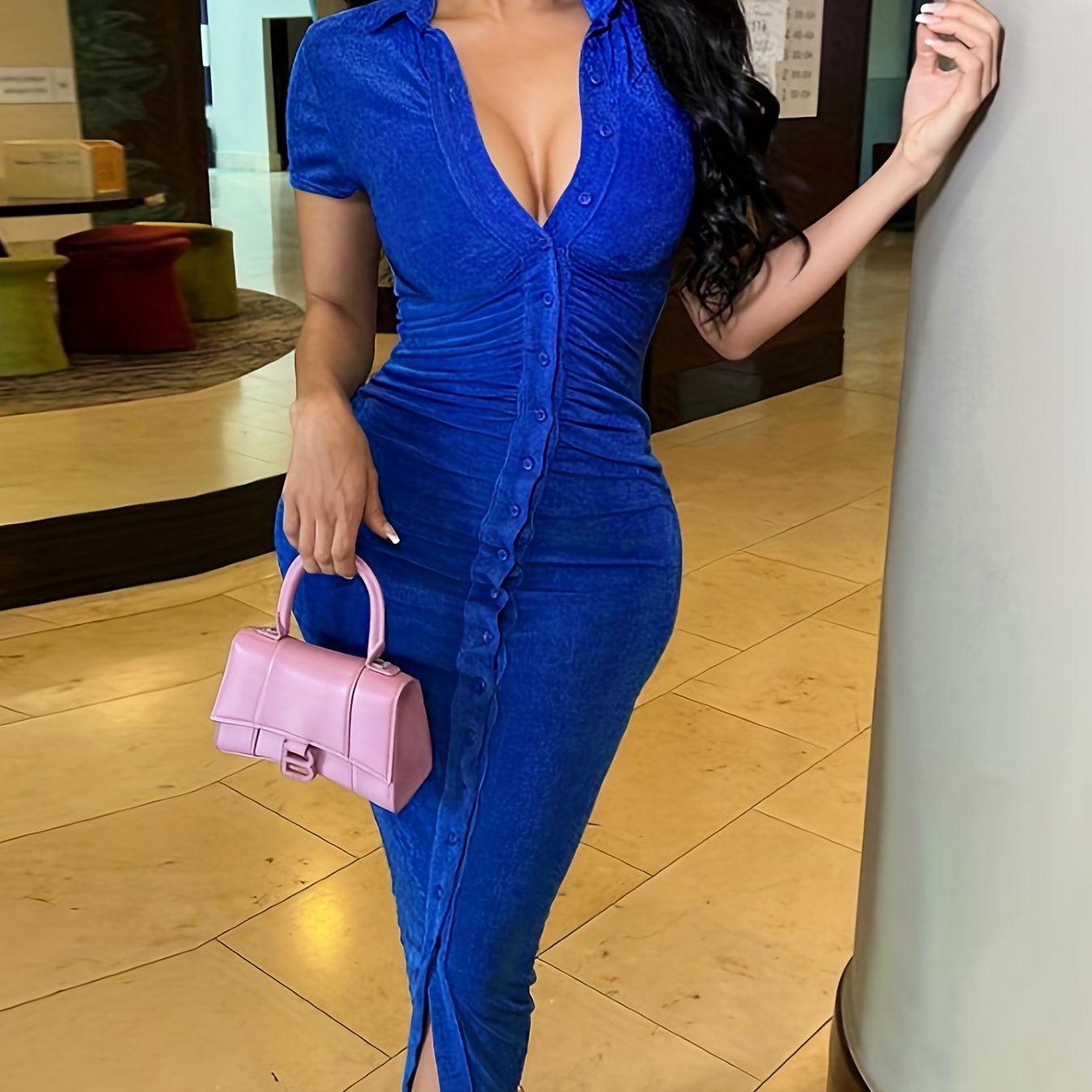 Women'S Elegant Solid Color Bodycon Dress, Polyester 95% Spandex 5% Knit Fabric, Short Sleeve Pencil Dress with Lapel Collar, Summer Vacation Style, No Belt, Long Length - 200g/m²