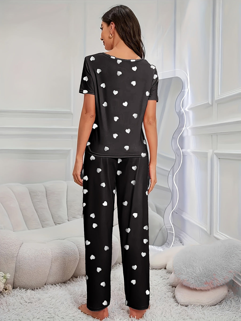 2pcs Sets Women's Heart Print Pajamas Set, Casual Comfortable Short Sleeve T-Shirt & Elastic Waist Trousers Pj Set, Ladies Sleepwear for All Seasons