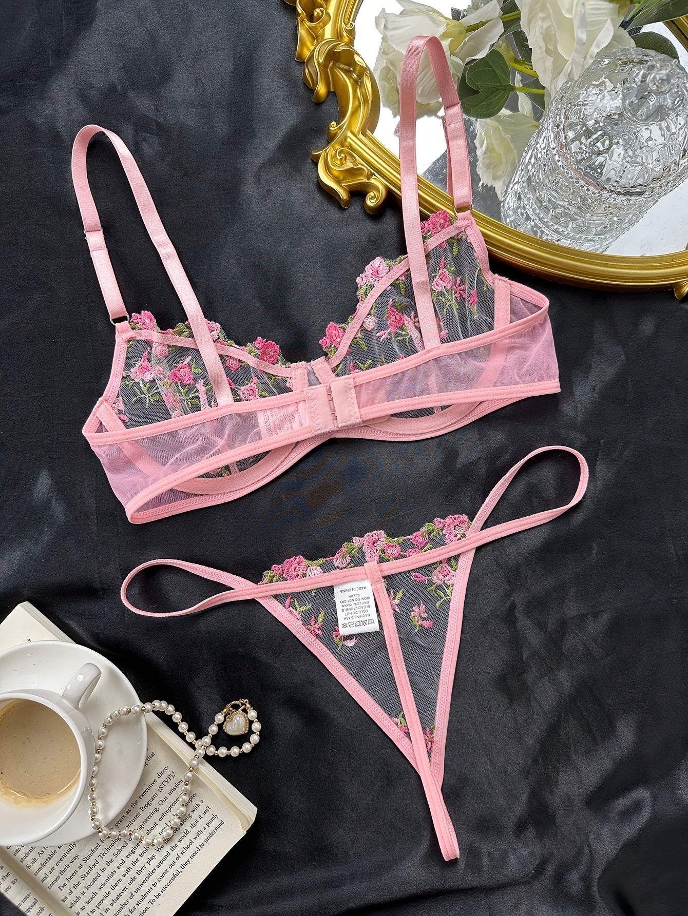 Romantic Floral Embroidered Lingerie Set - Lightweight Sheer Bra & Seductive Mesh Thong - Unlined, Feminine & Sexy Underwear for Women