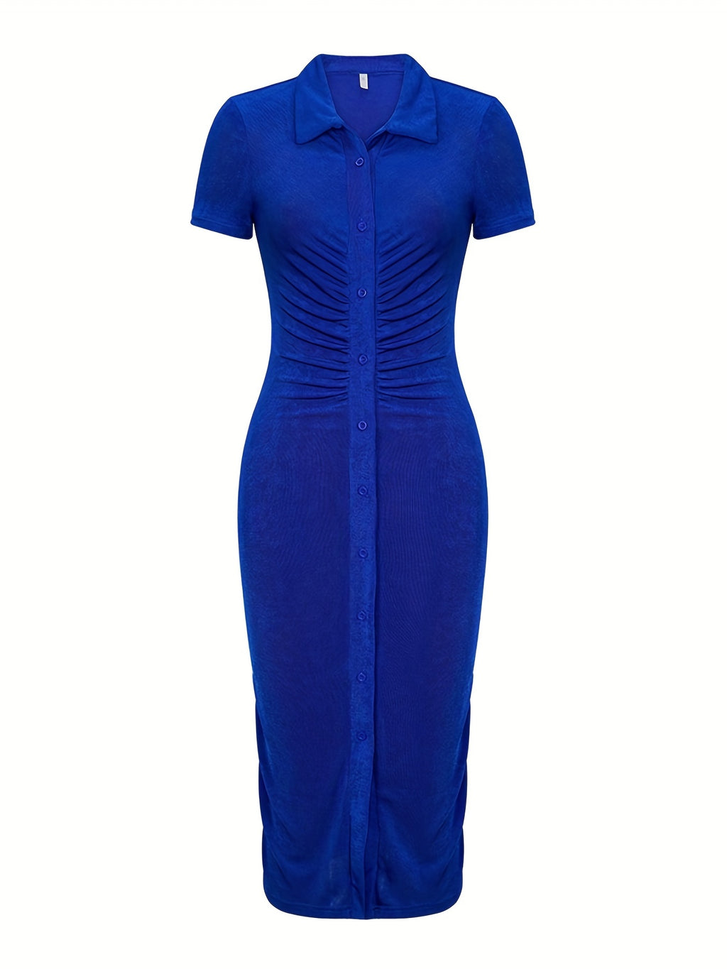 Women'S Elegant Solid Color Bodycon Dress, Polyester 95% Spandex 5% Knit Fabric, Short Sleeve Pencil Dress with Lapel Collar, Summer Vacation Style, No Belt, Long Length - 200g/m²
