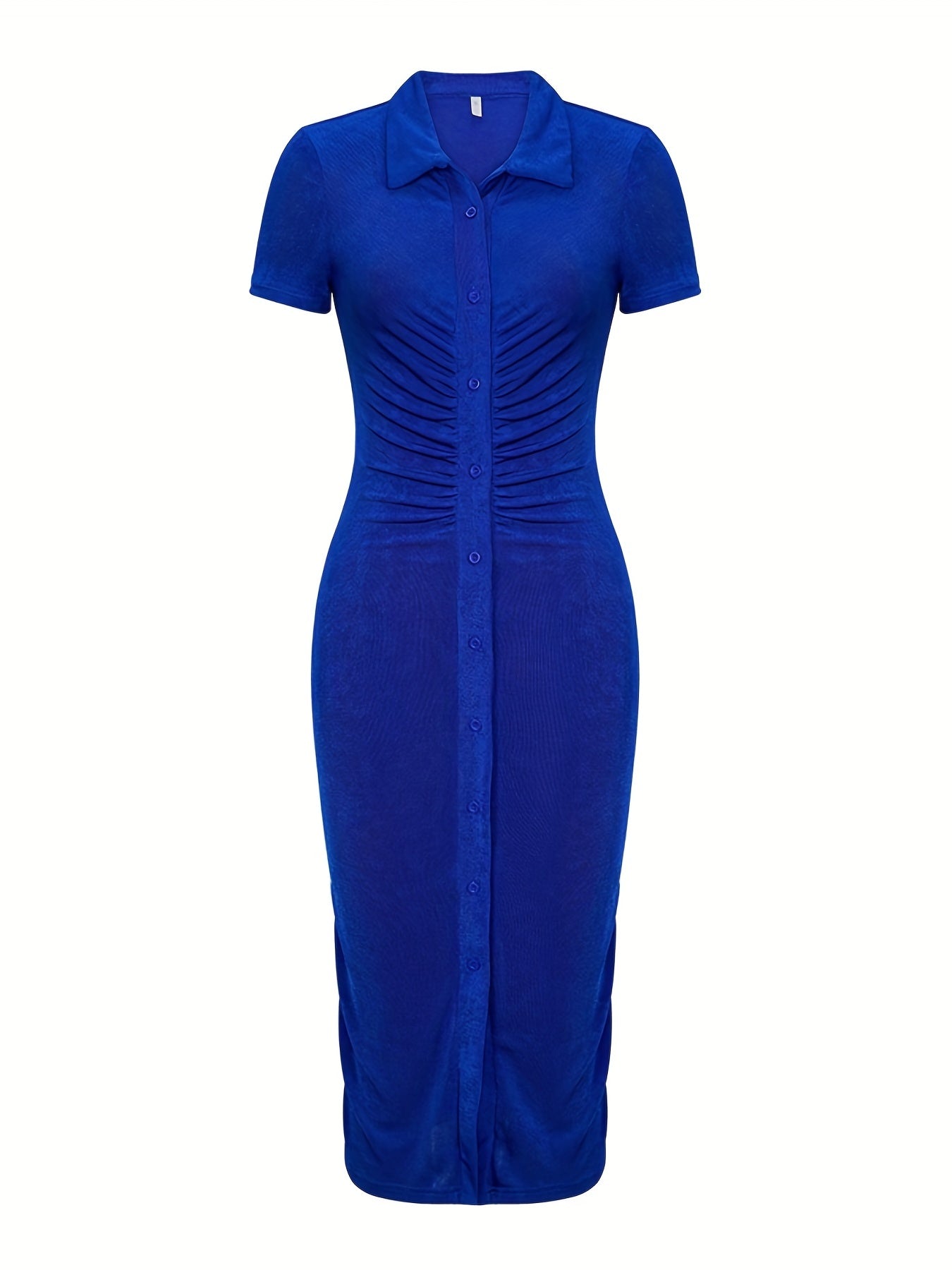 Women'S Elegant Solid Color Bodycon Dress, Polyester 95% Spandex 5% Knit Fabric, Short Sleeve Pencil Dress with Lapel Collar, Summer Vacation Style, No Belt, Long Length - 200g/m²