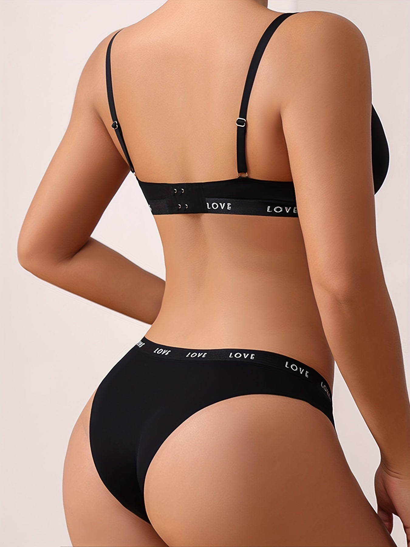 Letter Print Bra & Panties, Triangle Cups Plunge Bra & Seamless Panties Lingerie Set, Women's Lingerie & Underwear