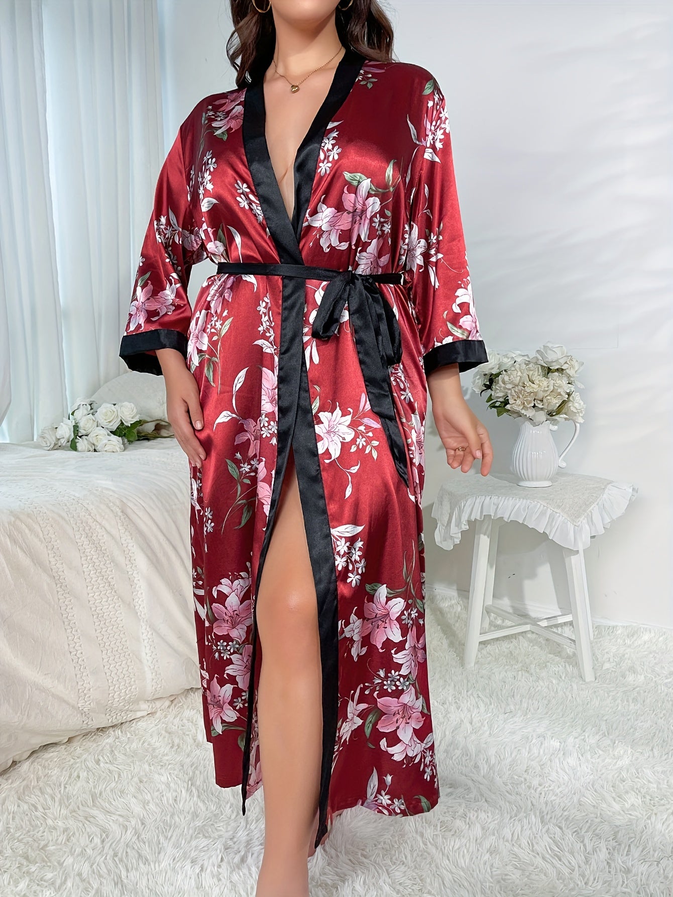 Plus Size Elegant Bathrobe Set, Women's Plus Satin Floral Print Cowl Neck Cami Top & Shorts & Contrast Binding Long Sleeve Open Front Robe Pajamas Three Piece Set