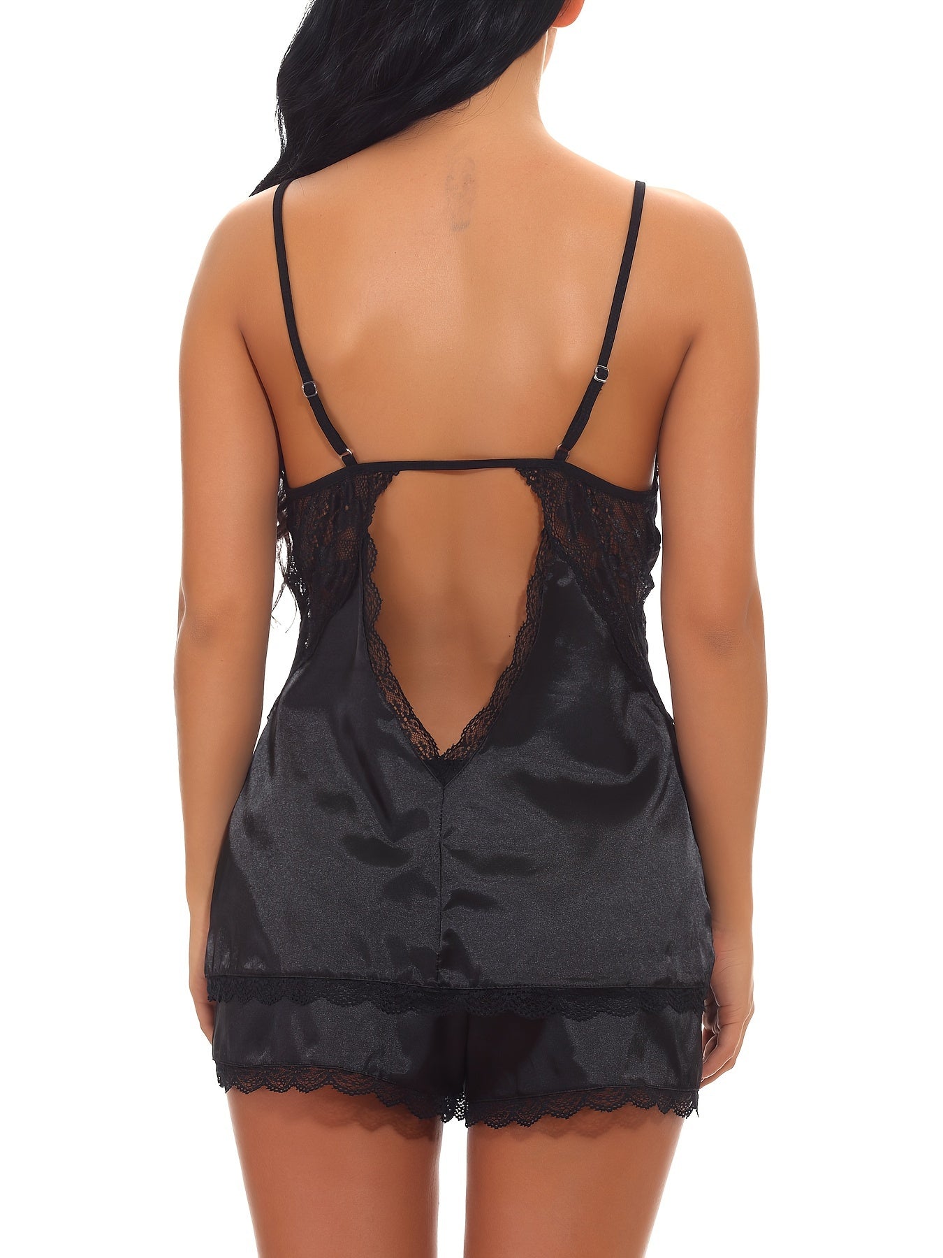 Women Sexy Sleepwear Satin Pajamas Set Lace Trim Camisole And Shorts Backless Nightwear