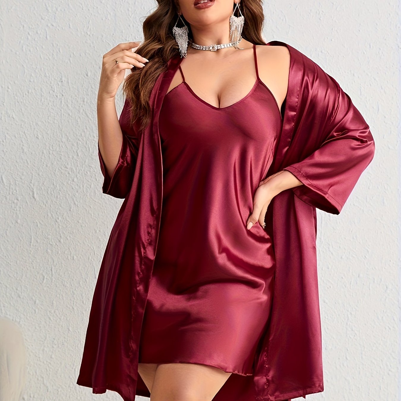 Plus Size Sexy Bathrobe Set, Women's Plus Satin Long Sleeve Open Front Belted Kimono Robe & V Neck Crisscross Back Cami Dress Pajamas Two Piece Set