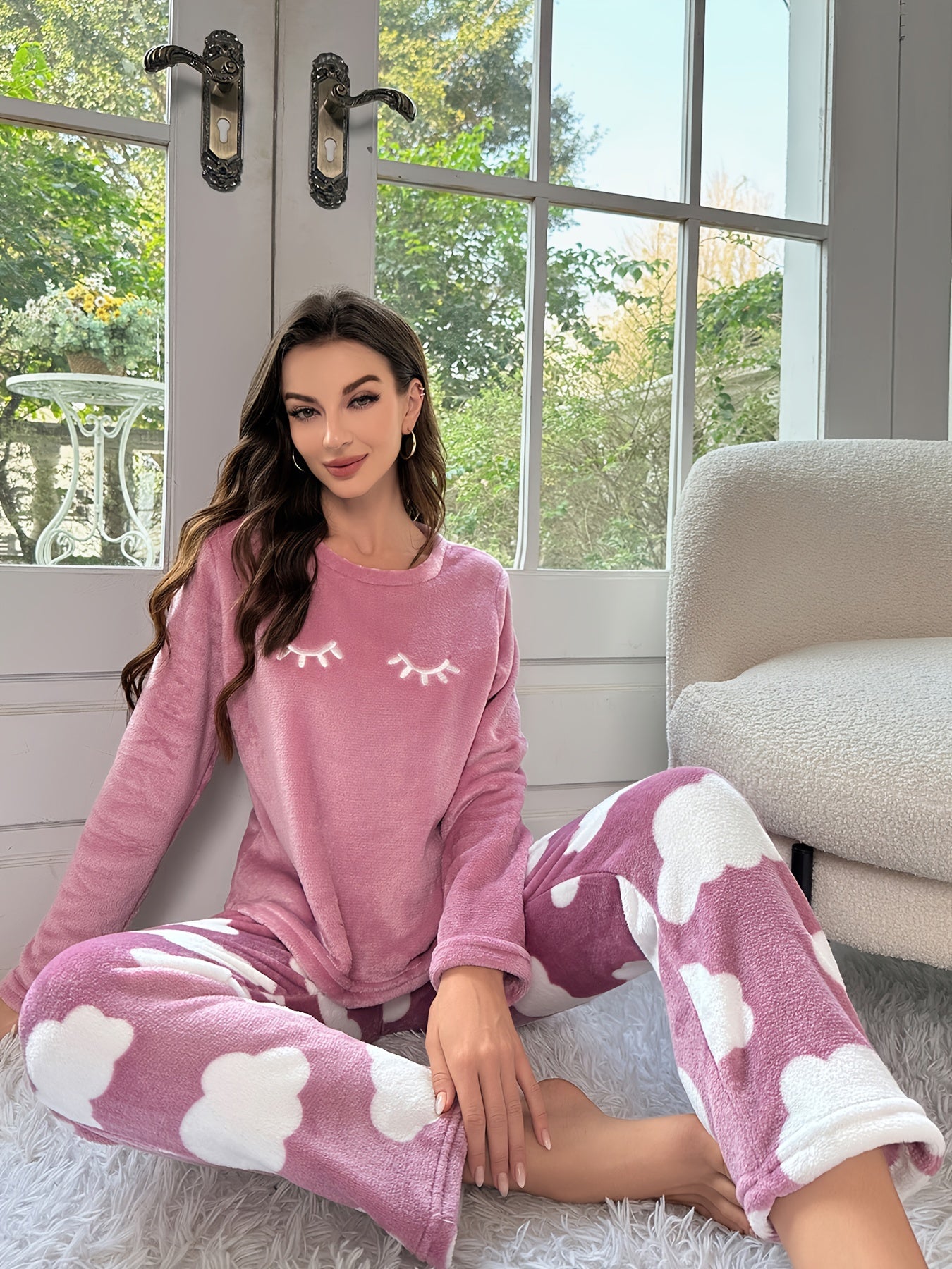 Whimsical Print Pajamas Set - Cozy Long Sleeve Crew Neck Top & Soft Pants for Ultimate Comfort - Womens Sleepwear & Loungewear with Unique Eyelash and Cloud Design