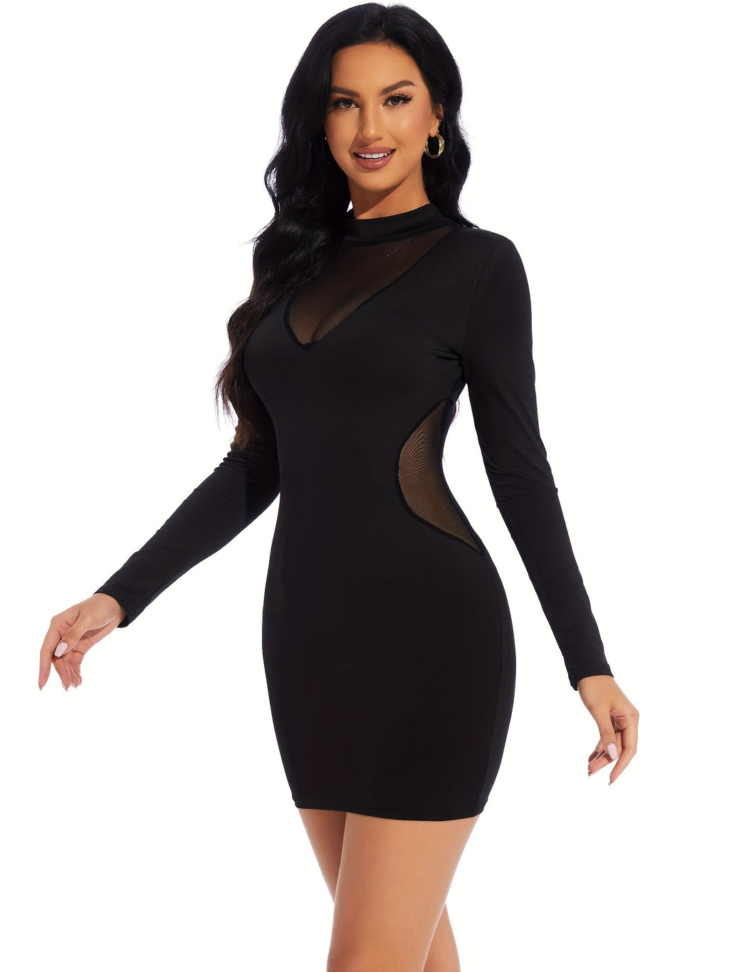 Solid Contrast Mesh Round Neck Long Sleeve Dress - Sexy Stretchy Bodycon Party Mini Dress - Polyester & Mesh - For Women - Perfect for Parties & Night Out - Ideal Gift for Her
