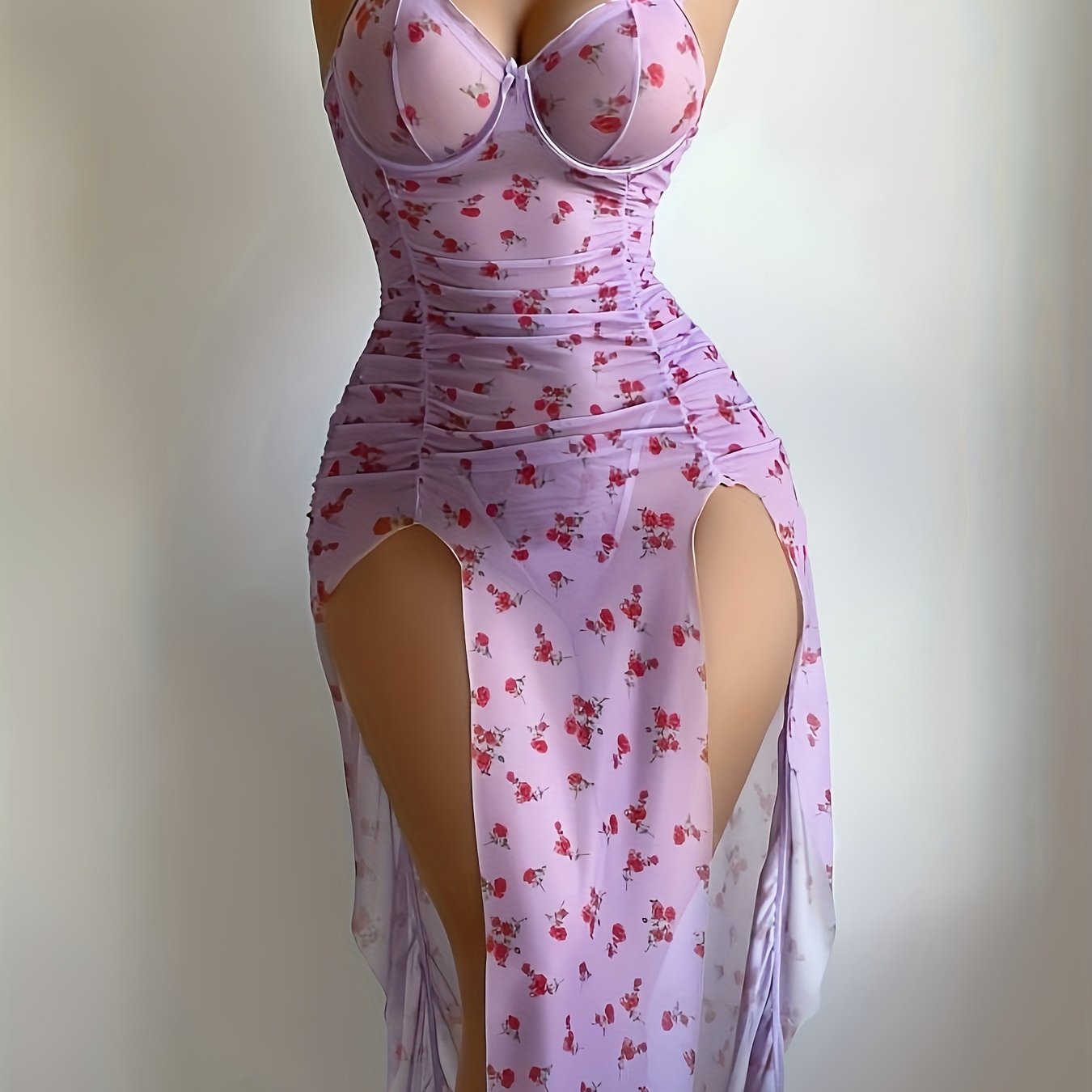 Woman's 2pcs Set, Sexy Underwear, Pajamas, Nightgown, Sexy Black Ear-edge Printed Backless, Semi-transparent, Princess Style, Middle Slit Nightgown Set, Skirt + Thong Set, Bra with Underwire