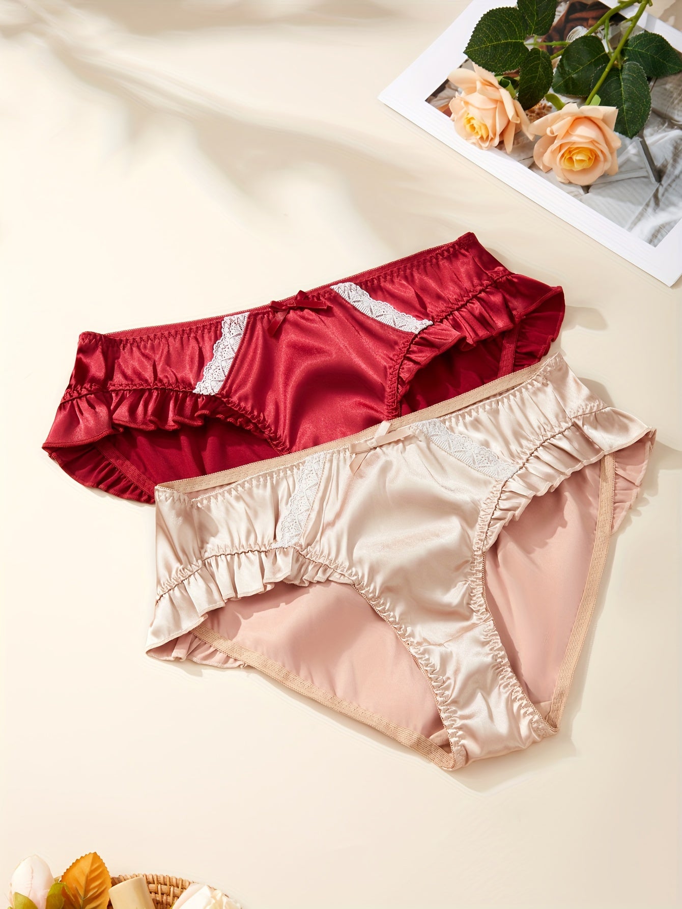 3-Pack Women'S Satin Color Panties, Low-Rise, Breathable, Comfortable, Cute Bow Detail, Solid Color, Polyester, Ladies' Underwear, Pajamas, Loungewear