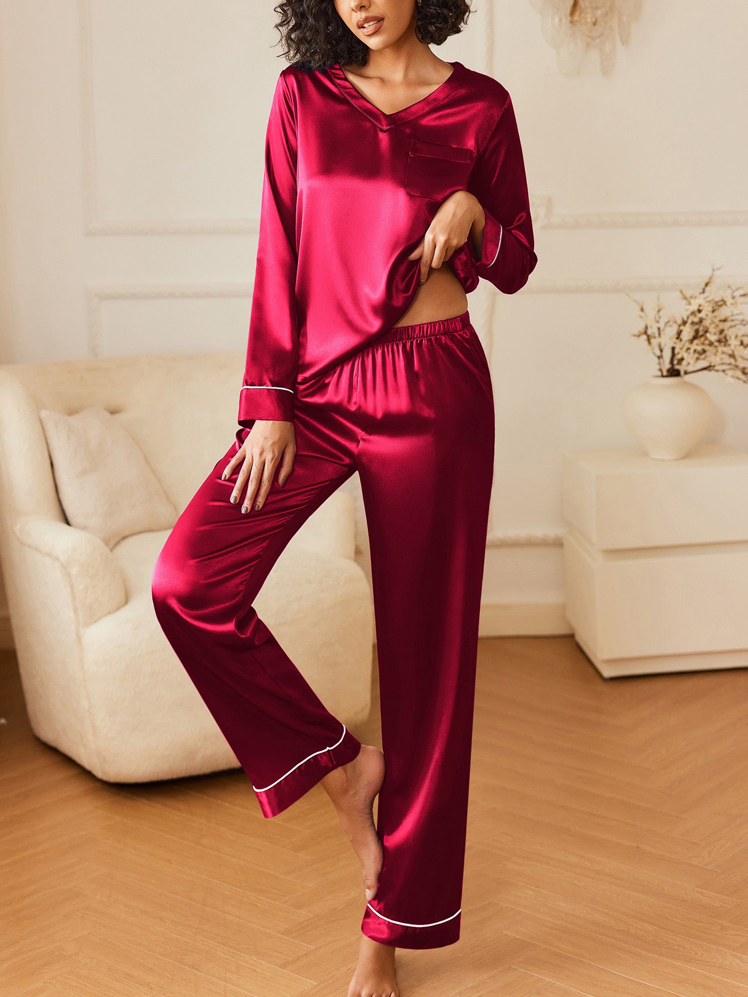 Luxurious V Neck Shirt with Long Pant Loungewear Satin Long Sleeve Pajamas Set Soft PJ Sleepwear Soft Nightwear Elegant Lounge Set Loose Relaxed skin-friendly Homewear V-neck top with Pj Pants Cute Pjs bridal parties pajamas