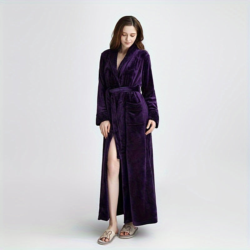 1pc Autumn Winter Flannel Bathrobe, Soft And Skin-friendly Pajamas, Thickened Unisex Nightgown, Warm Long Robe Sleepwear For Home, Bathroom Supplies, Bathroom Accessory