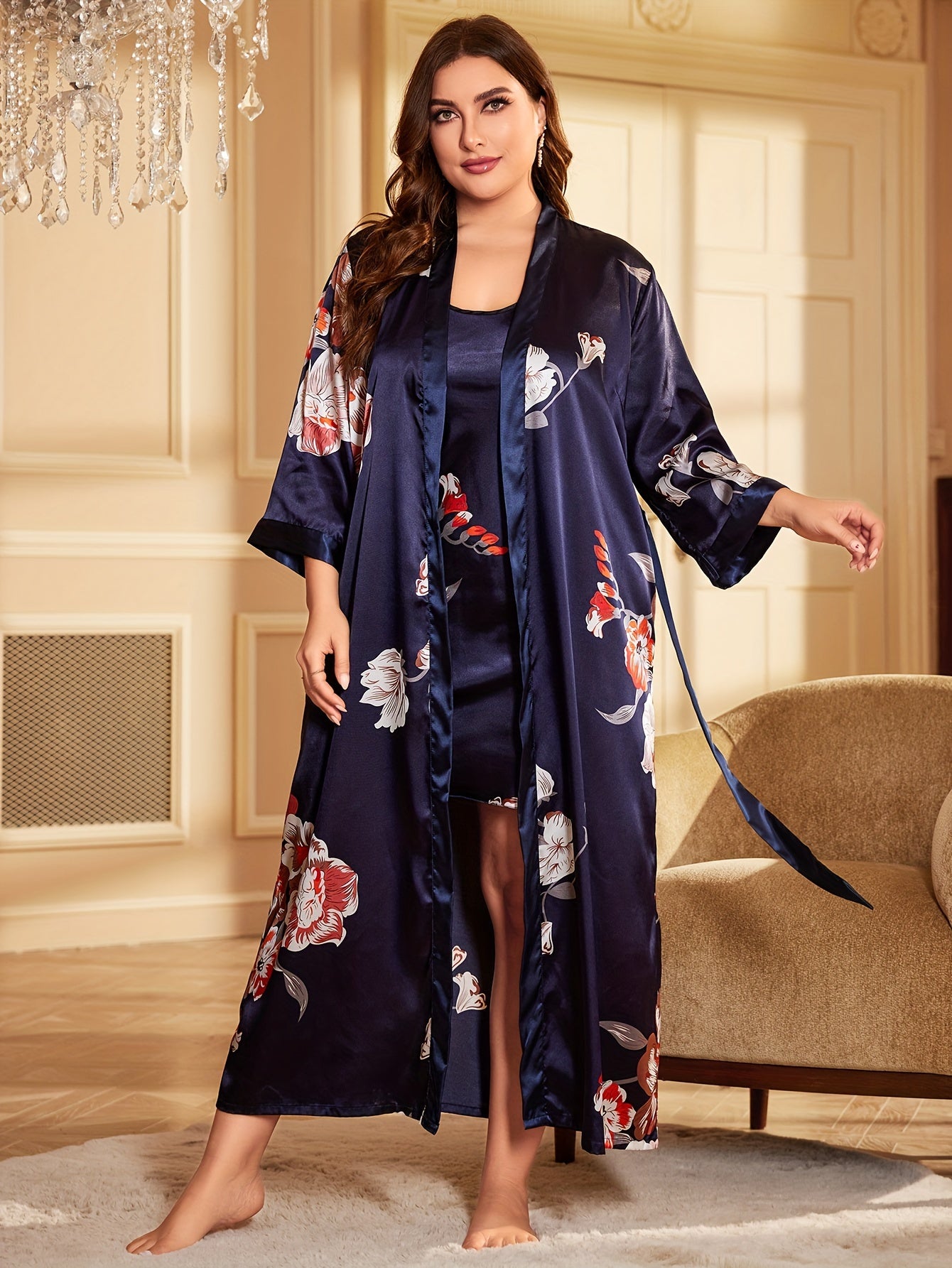 Plus Size Elegant Pajamas Set, Women's Plus Floral Print Long Sleeve Open Front Satin Belted Robe & Cami Dress Lounge 2 Piece Set