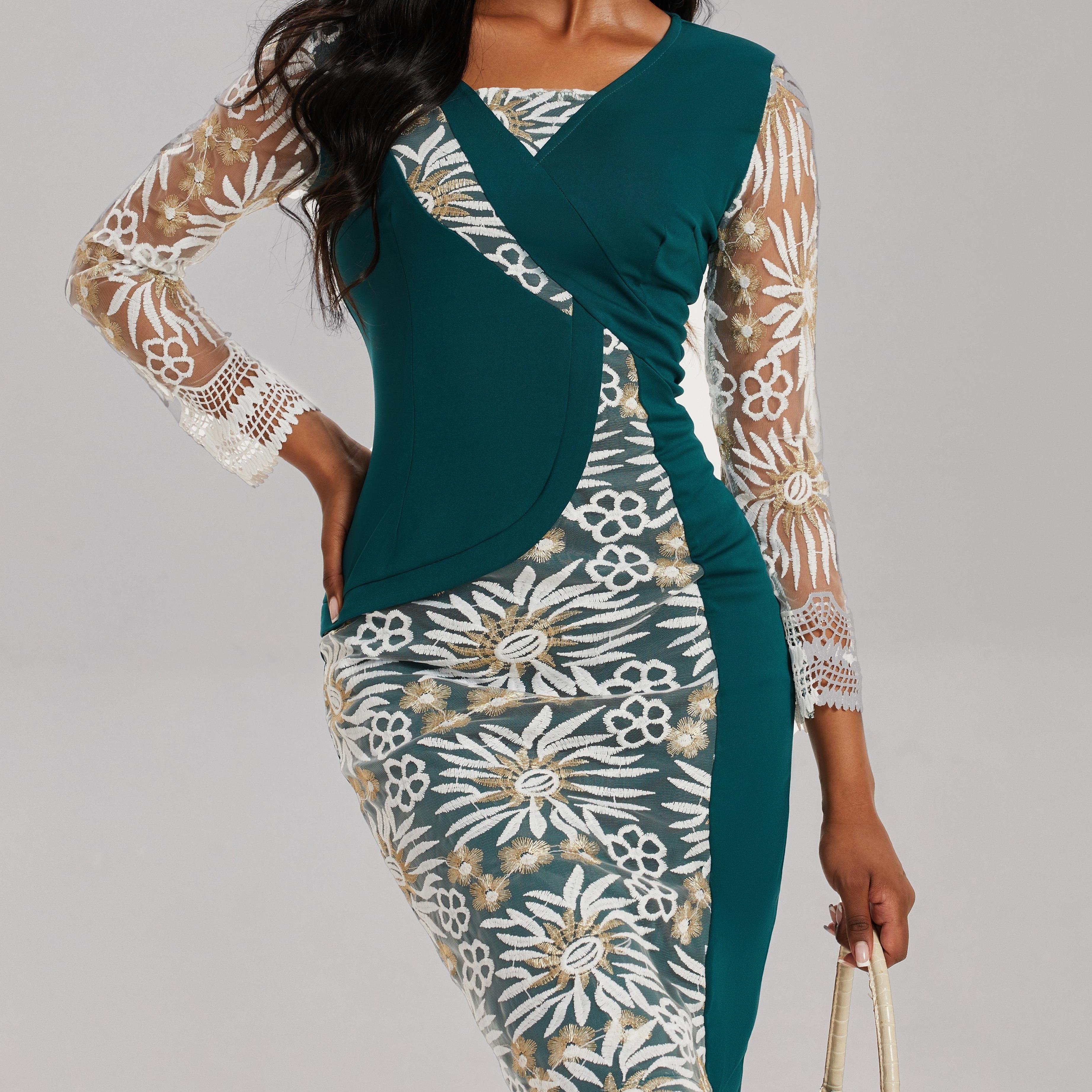 3/4 Sleeve V Neck Dress, Elegant Bodycon Slim Waist Midi Dress, Women's Clothing