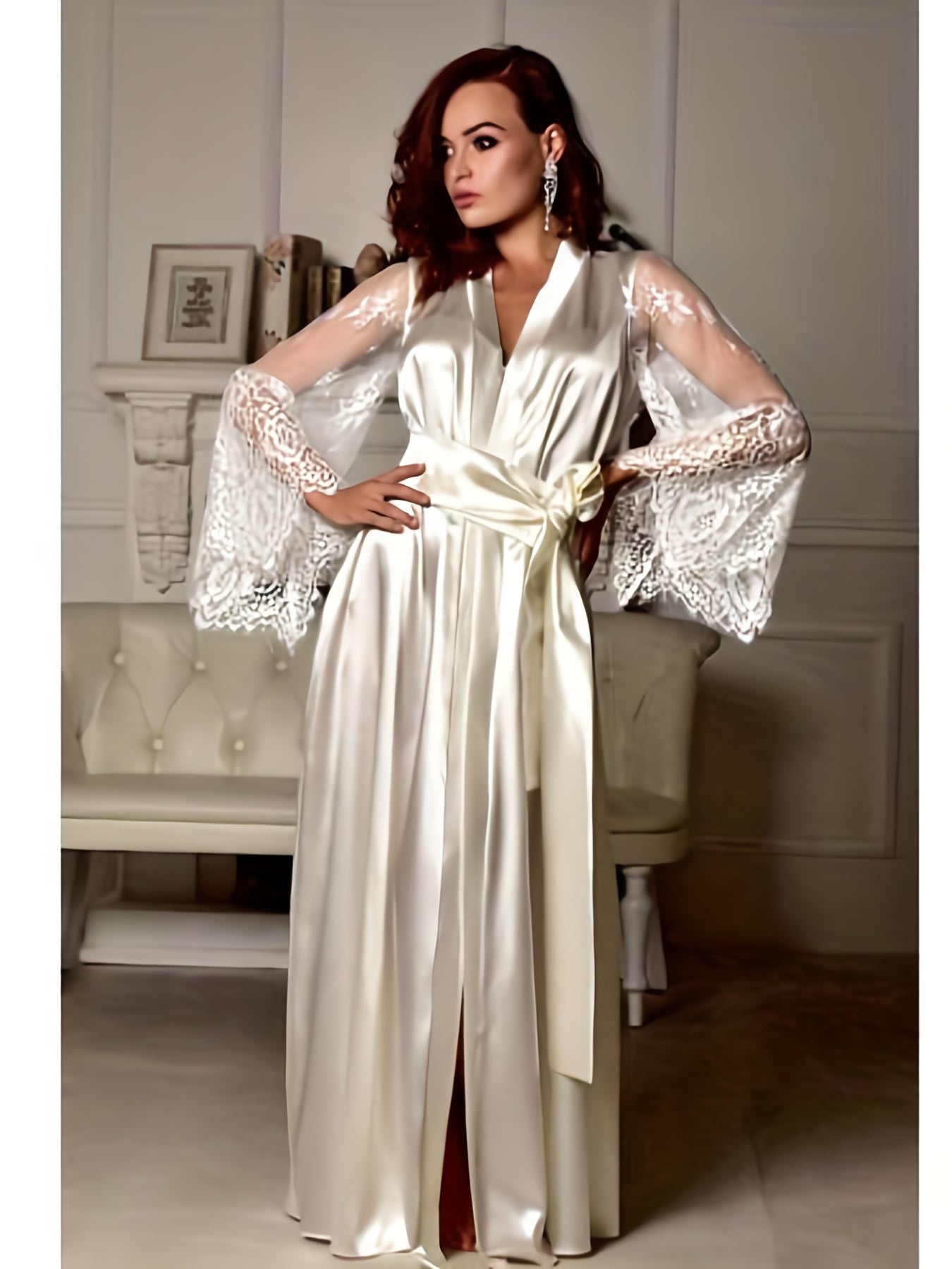 Women's Lace Casual Robe - Sexy V-neck Pajamas, Long See Through Sleeve Nightwear - Soft and Comfortable Fabric - For Lounging at Home or Relaxing - Perfect Gift for Her