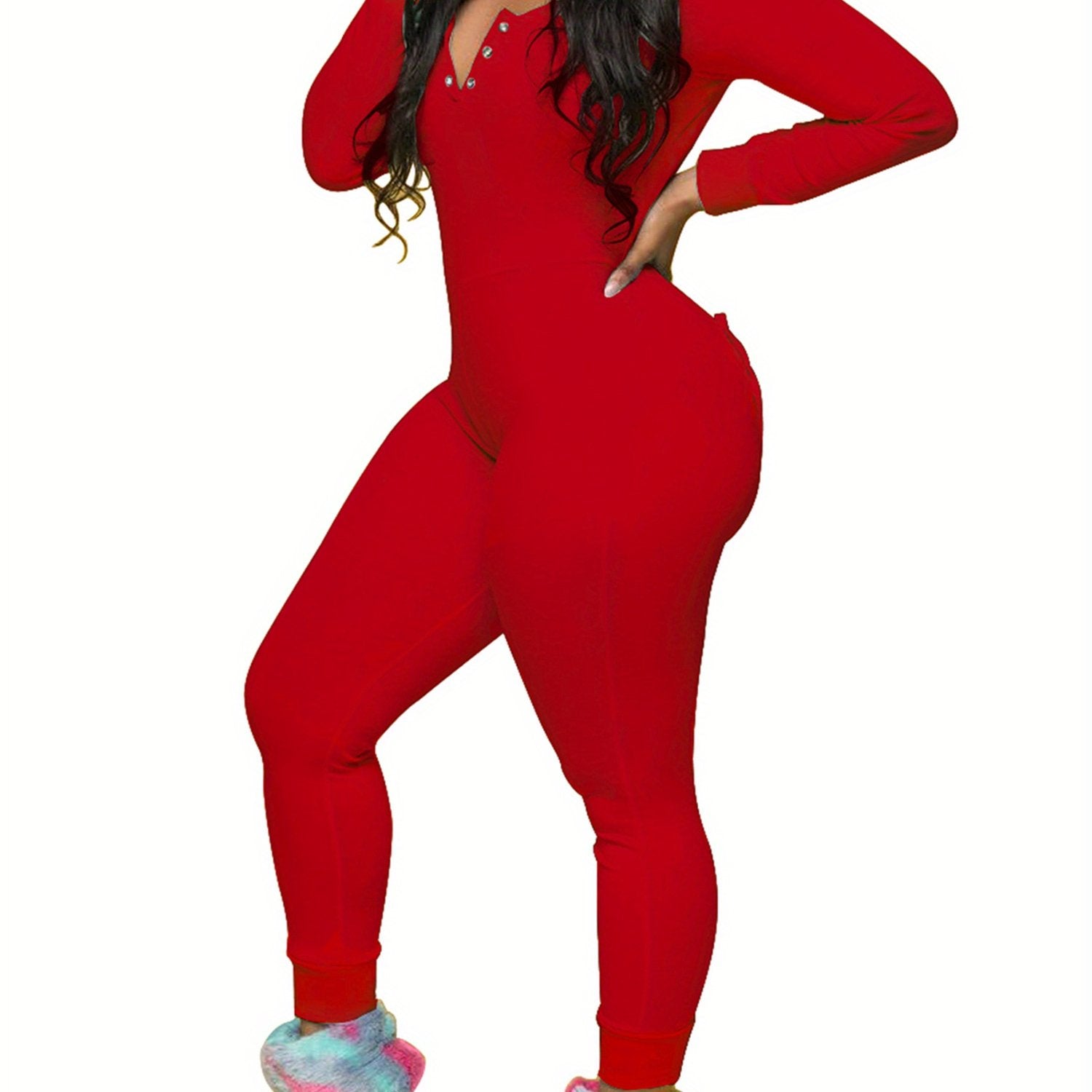 Luxurious Deep V Neck One Piece Bodycon Jumpsuits - Soft Long Sleeve Pajamas Pants with Flap, Comfortable Home Wear Outfit for Women - Cozy Rompers for Relaxation and Leisure