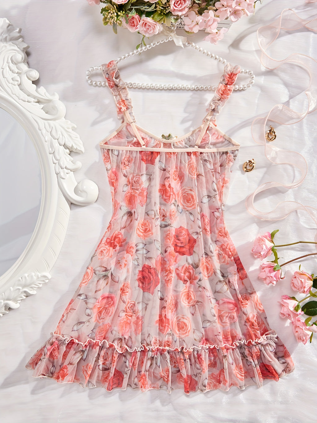 Lace Hollow Out Nightgown, Deep V-backless Bow Nightgown, Orange Women's Pajamas And Dresses