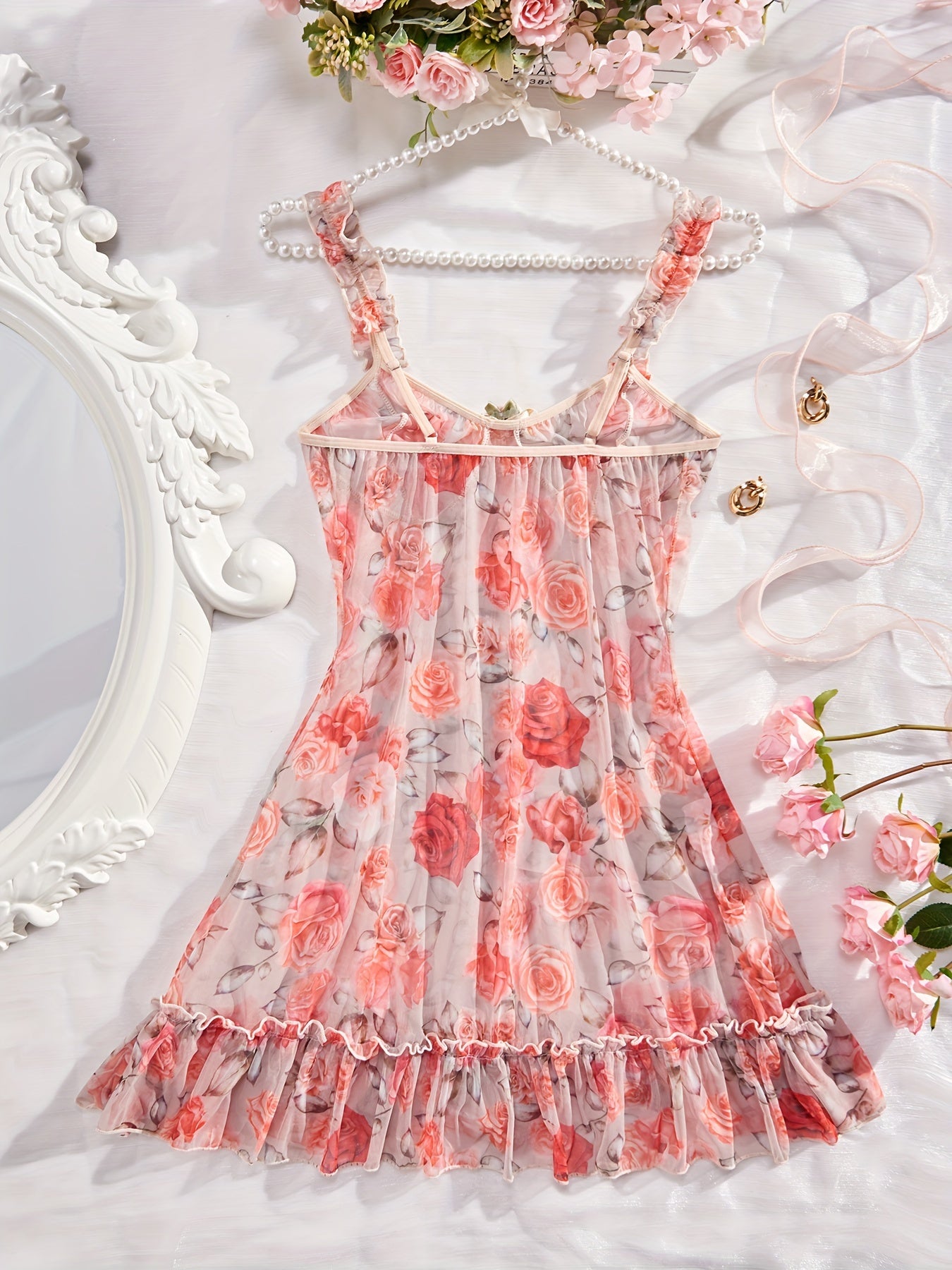 Lace Hollow Out Nightgown, Deep V-backless Bow Nightgown, Orange Women's Pajamas And Dresses