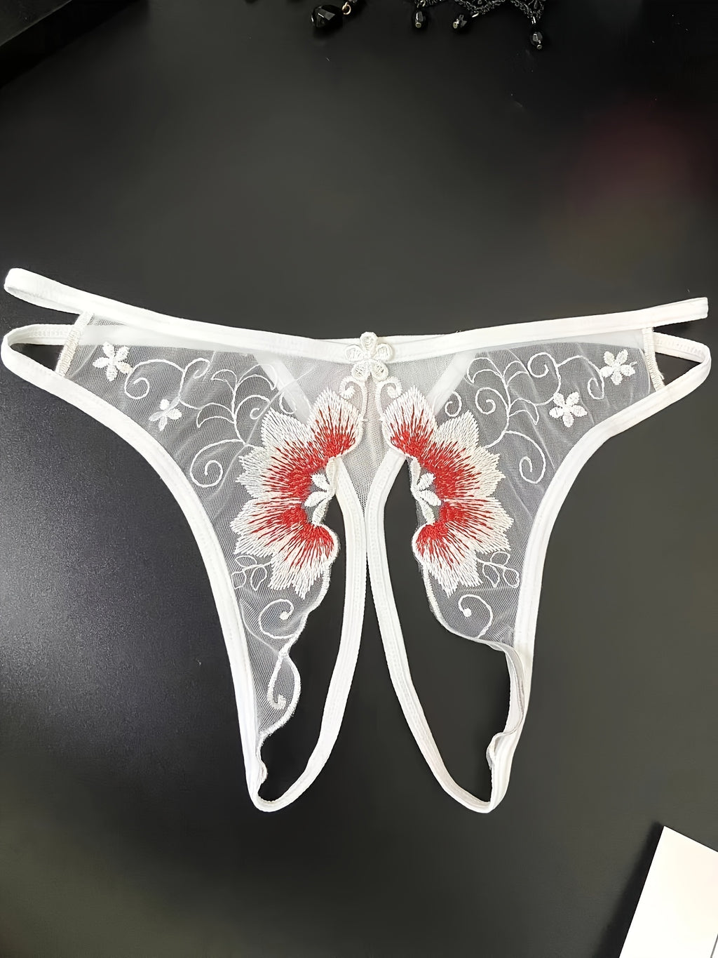 Delicate Floral Embroidered Mesh Thong Lingerie - Seductive Open Crotch & Ultra-Sheer Design - Breathable Womens Intimate Wear for Special Occasions