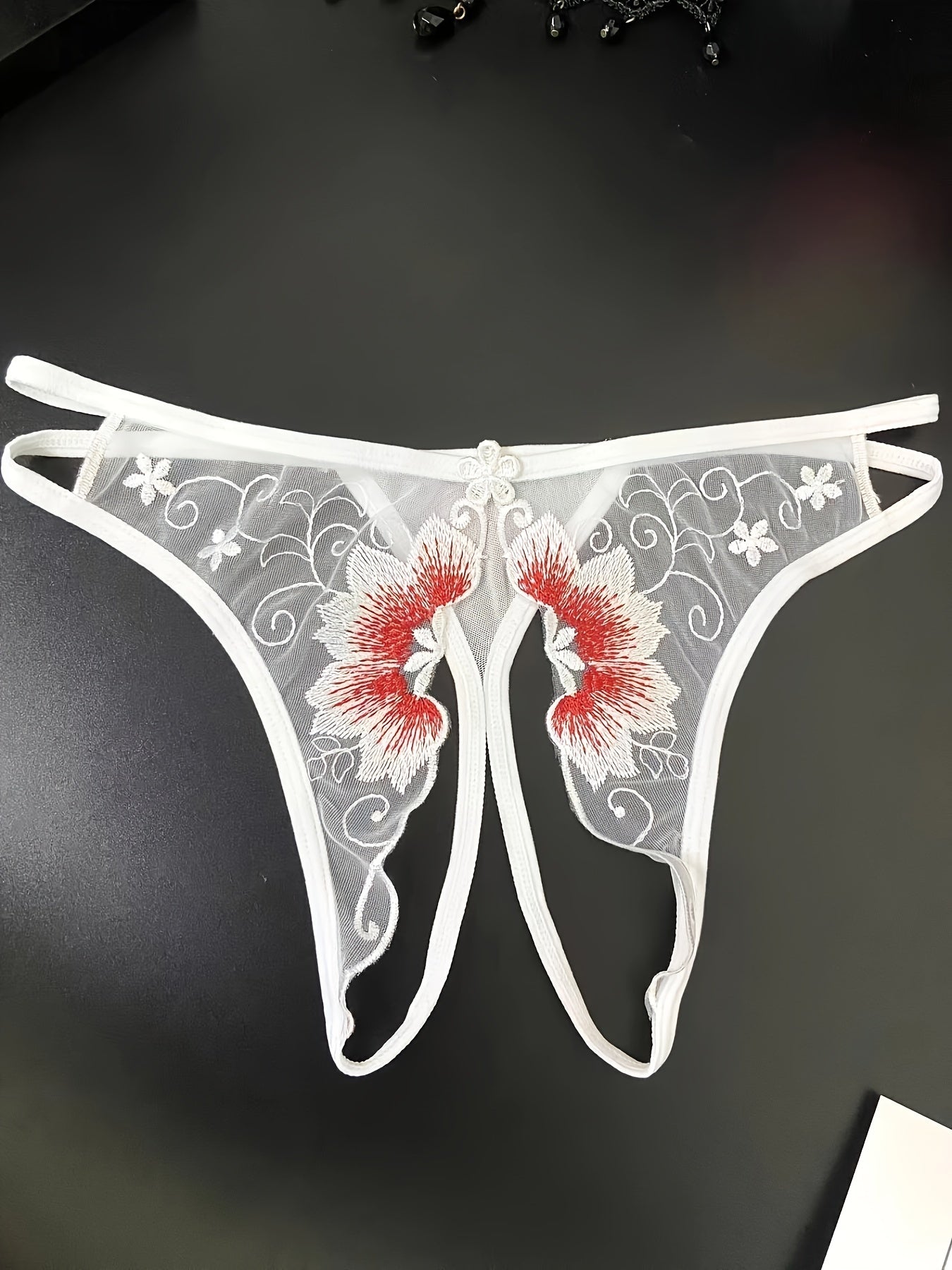 Delicate Floral Embroidered Mesh Thong Lingerie - Seductive Open Crotch & Ultra-Sheer Design - Breathable Womens Intimate Wear for Special Occasions