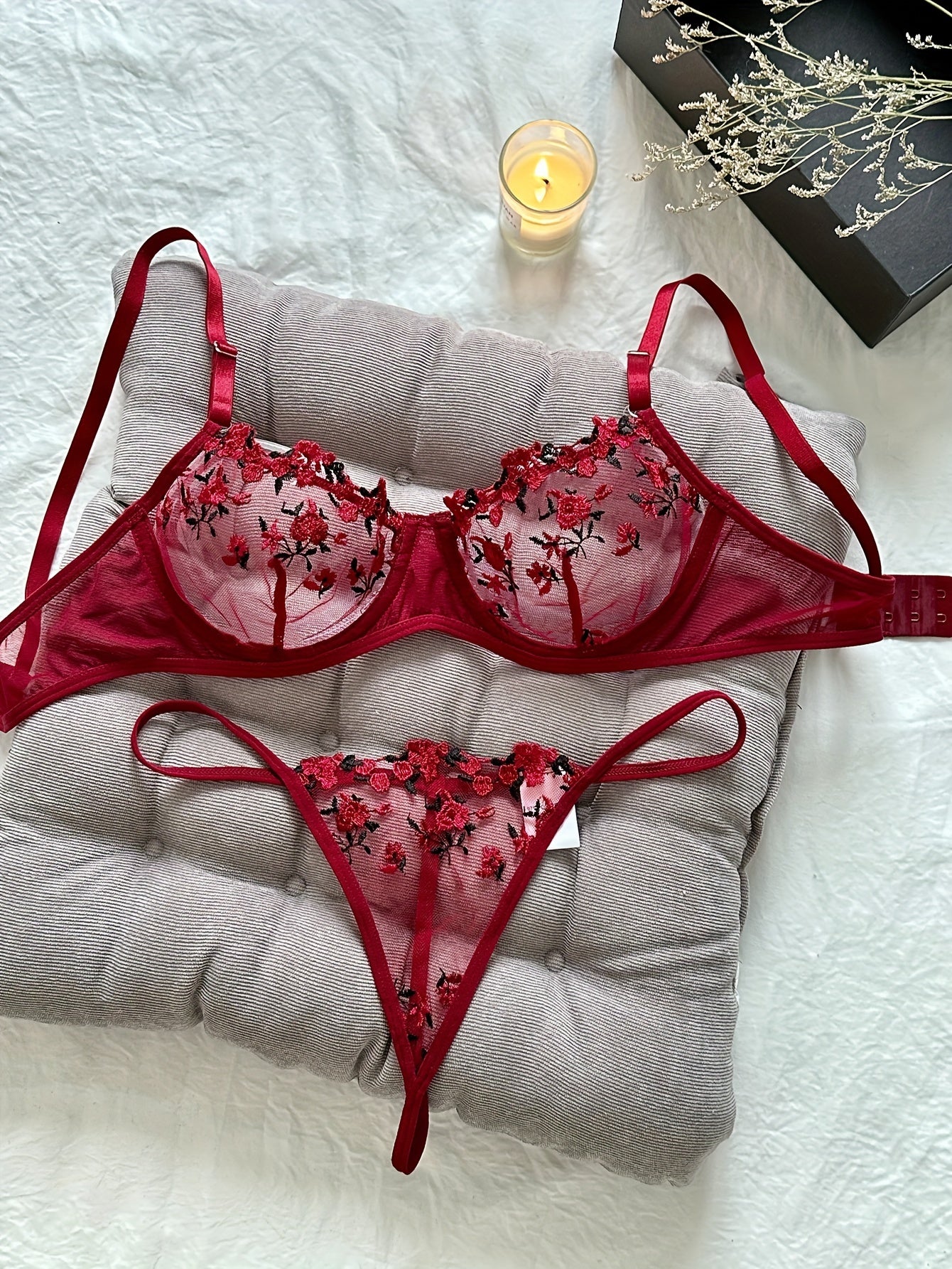 Romantic Floral Embroidered Lingerie Set - Lightweight Sheer Bra & Seductive Mesh Thong - Unlined, Feminine & Sexy Underwear for Women
