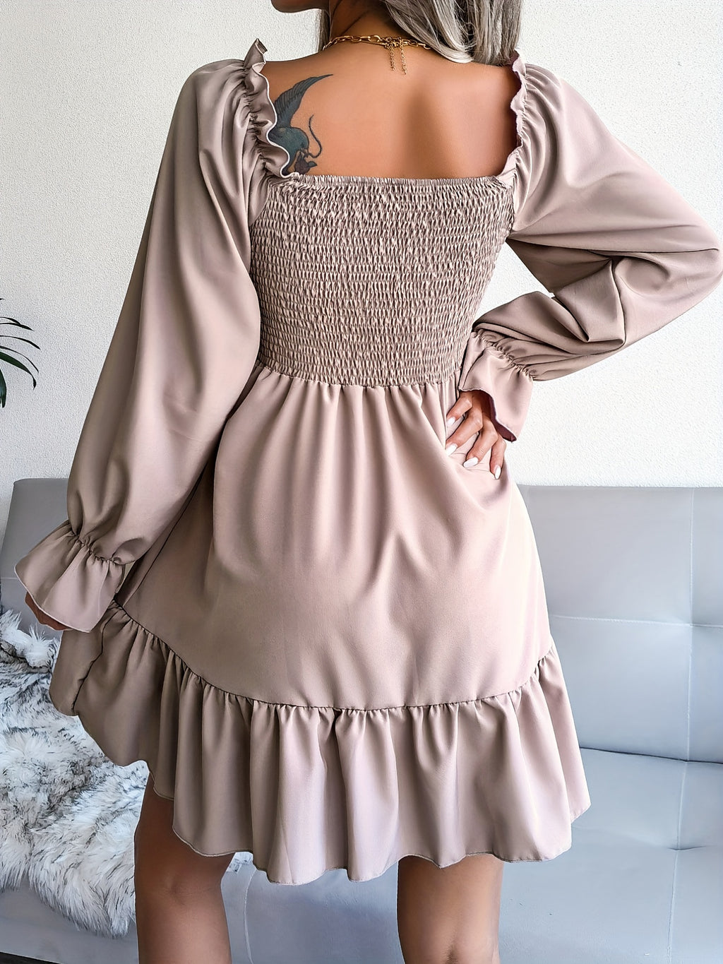 Flirty Squared Neck Ruffle Hem Dress - Feminine Shirred Detail, Timeless Solid Color, Perfect for Spring & Fall Wardrobe