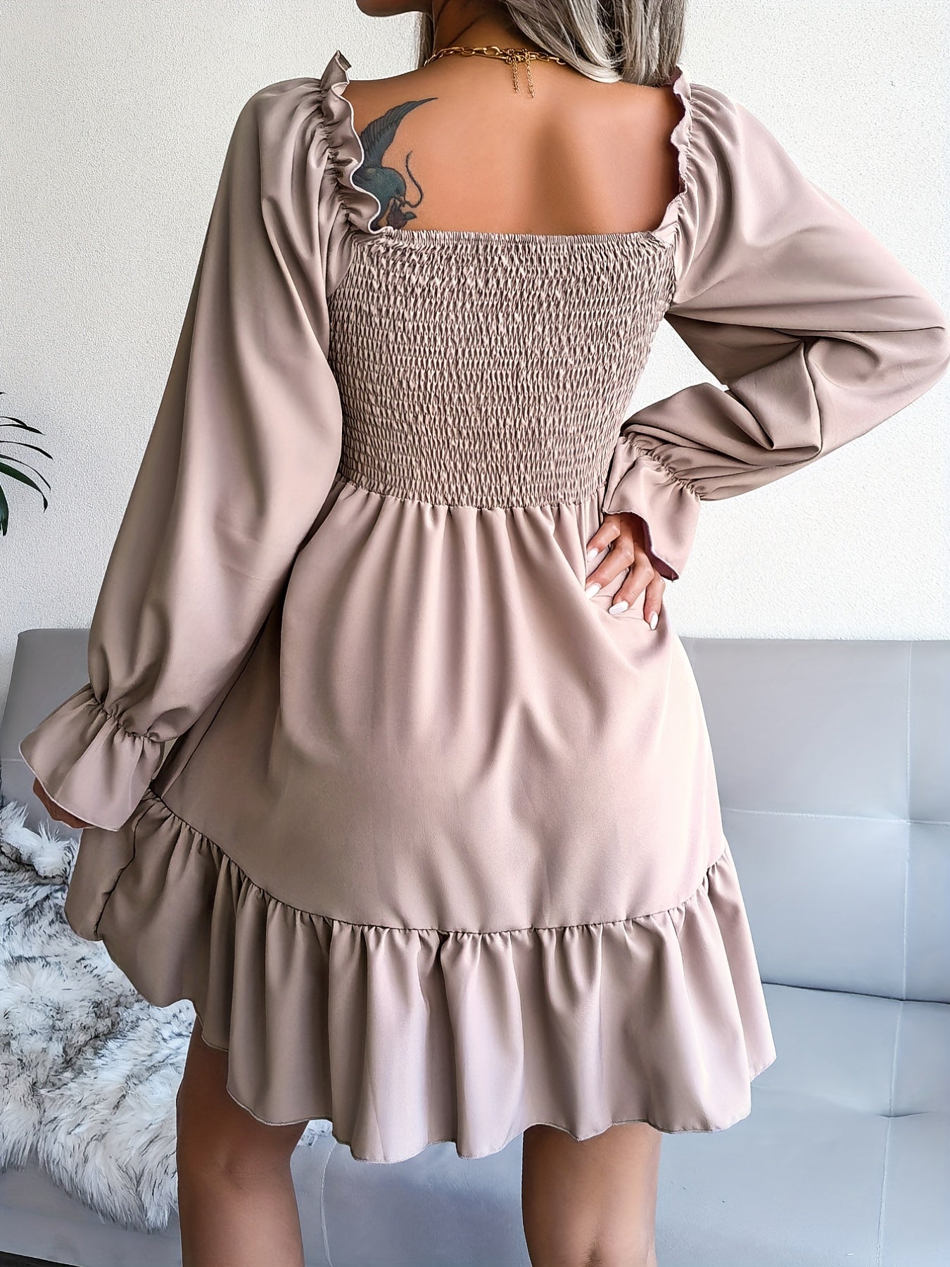 Flirty Squared Neck Ruffle Hem Dress - Feminine Shirred Detail, Timeless Solid Color, Perfect for Spring & Fall Wardrobe