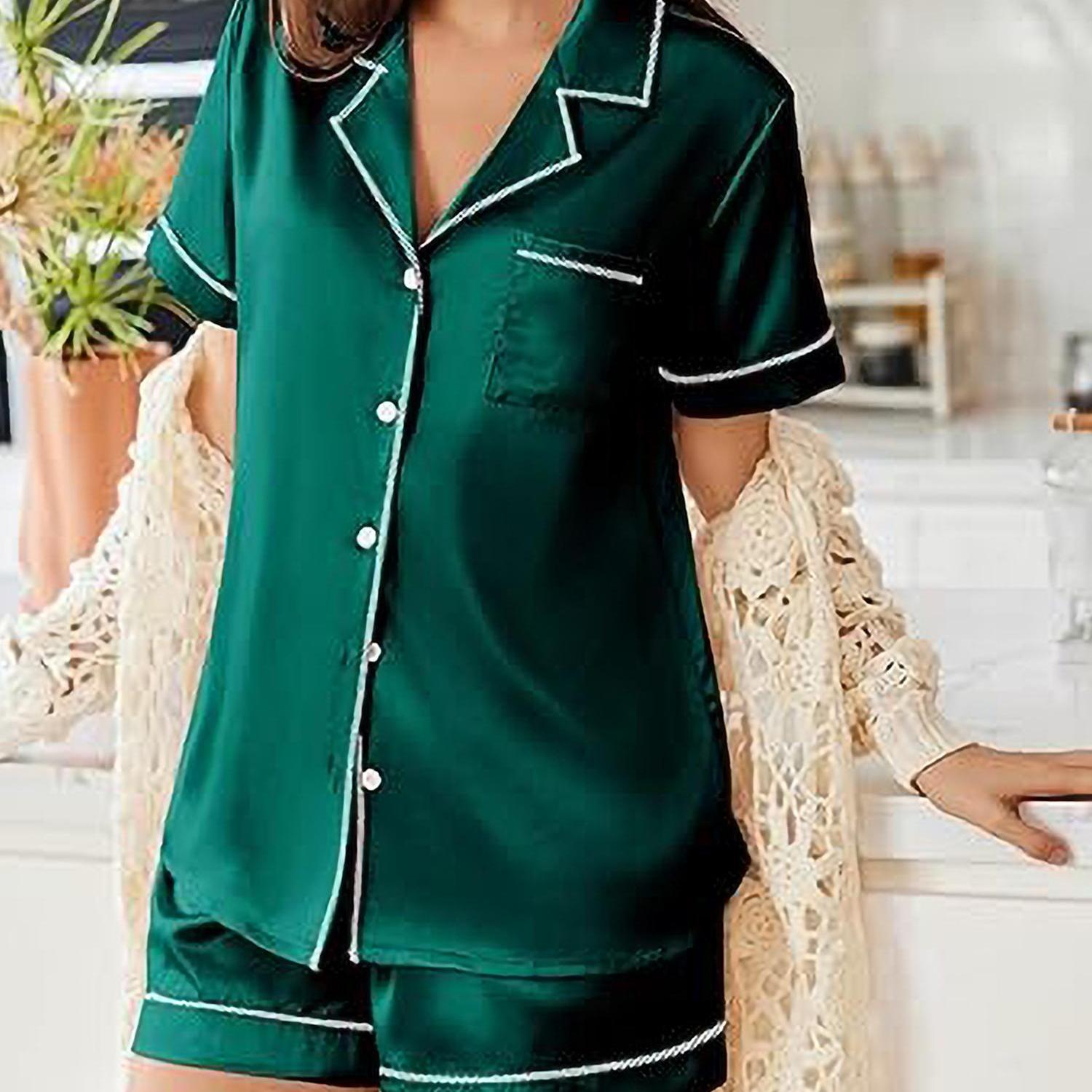 Womens Satin Pajamas Set Short Sleeve Sleepwear Button Down Top and Shorts Loungewear 2pcs Pjs Set casual summer outfits for women high quality sleep set wedding party honeymoon vacation