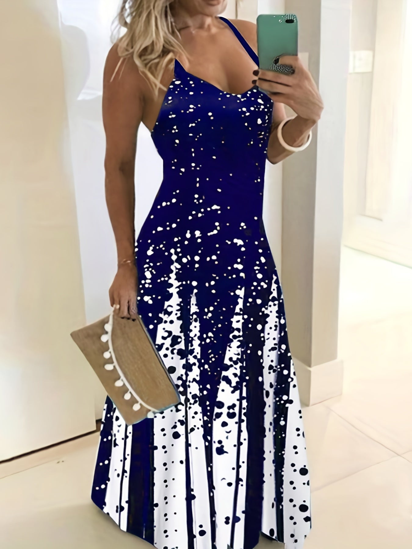 Elegant Summer Midi Dress: V-Neck, Sleeveless, Slim Waist, Color Block & Geometric Pattern for Stylish Women