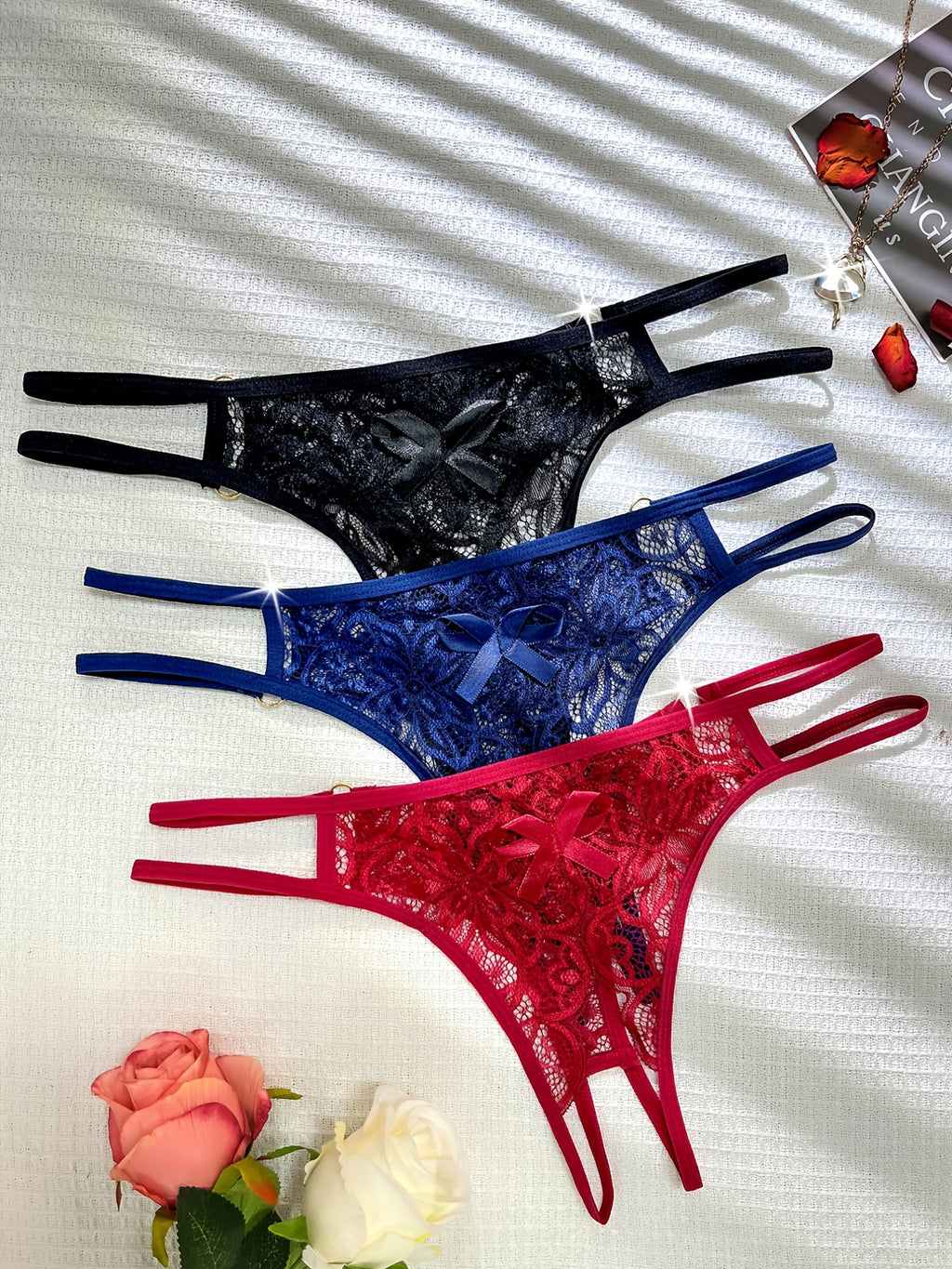 3pcs Seductive Cutout Lace Thong Lingerie Set - Comfortable Dual-Band Support, Discreet Open Crotch, Womens Sexy Underwear Collection